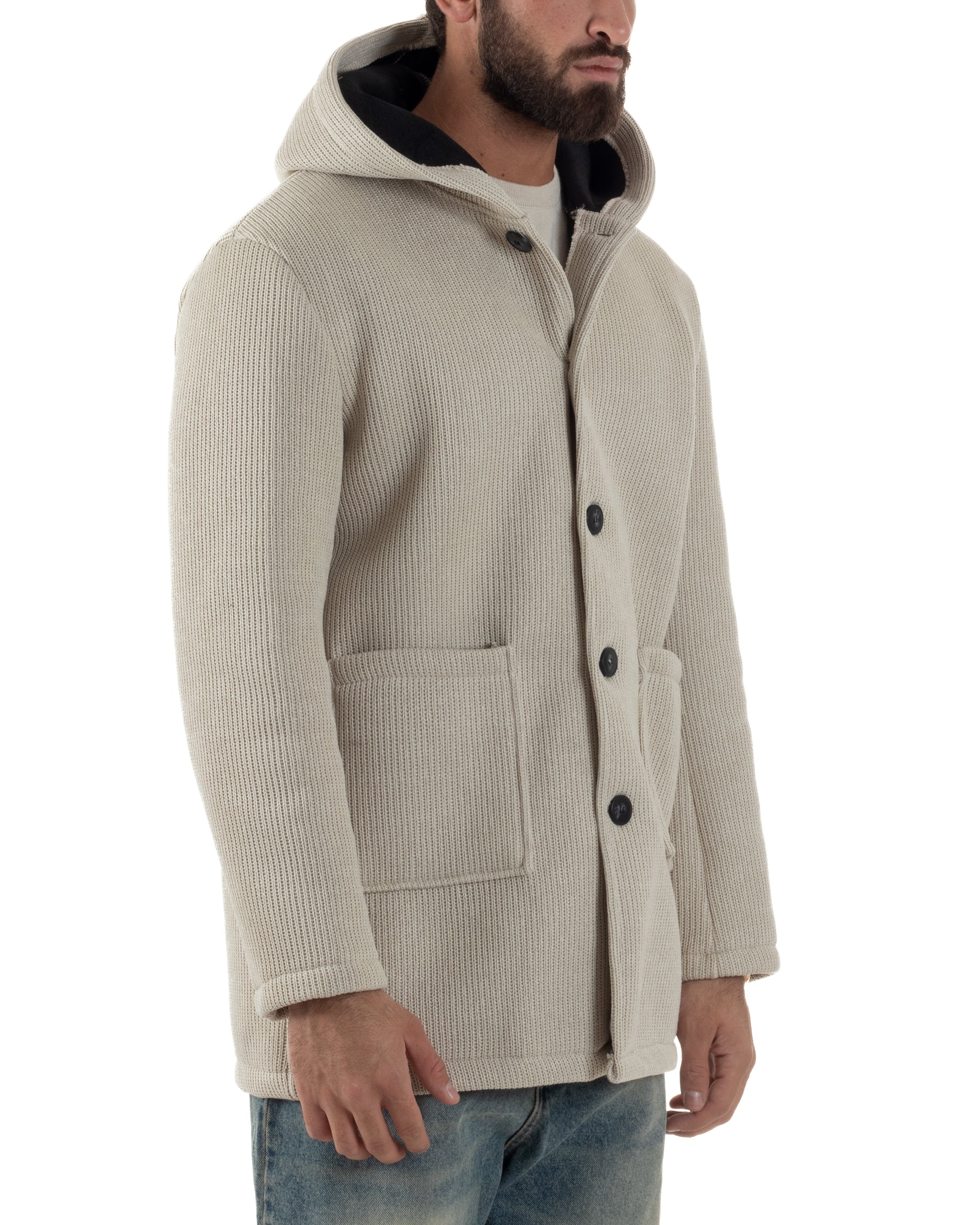 Cappotto Uomo Monopetto Cappuccio Maglia A Coste Beige CO1097A