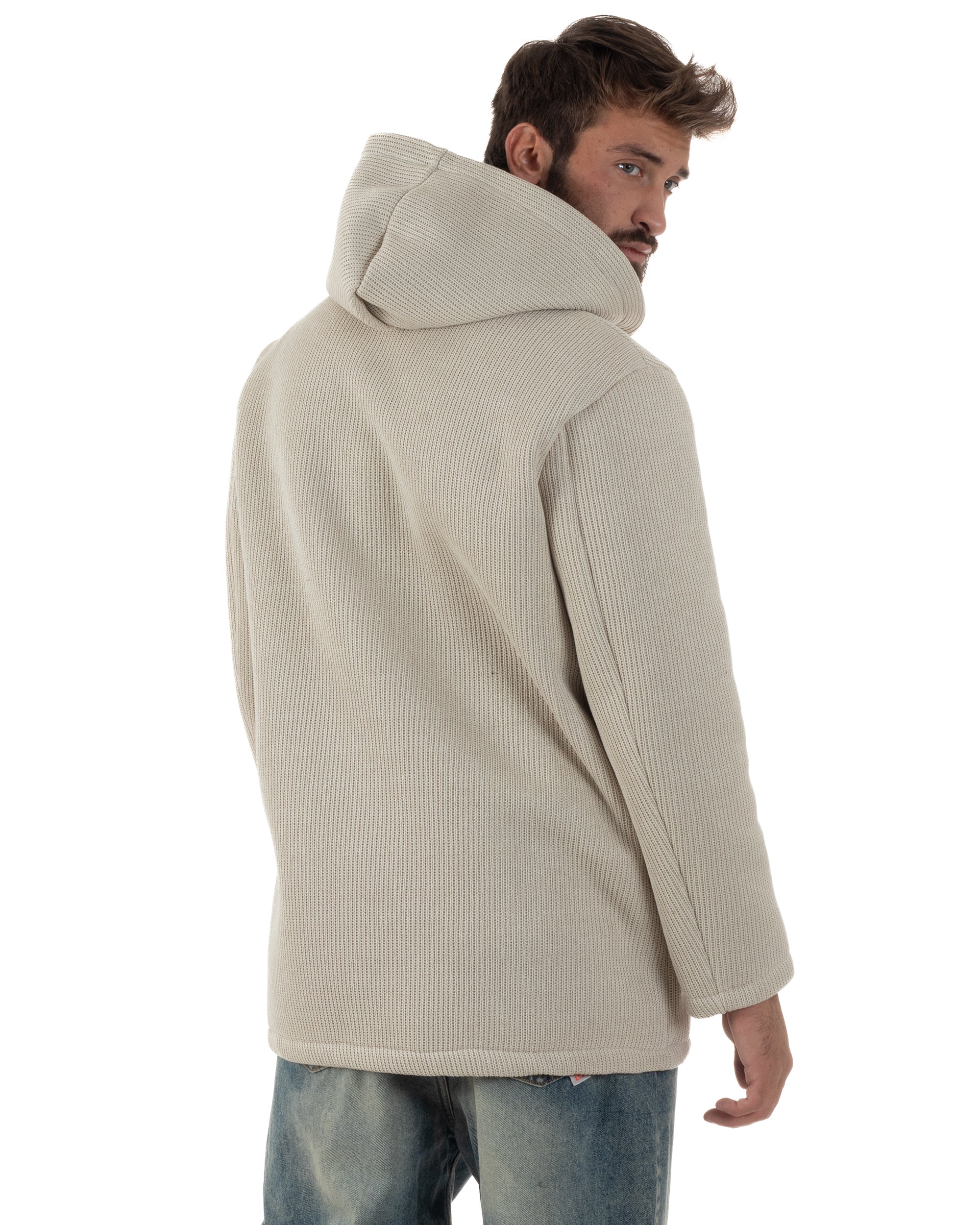 Cappotto Uomo Monopetto Cappuccio Maglia A Coste Beige CO1097A