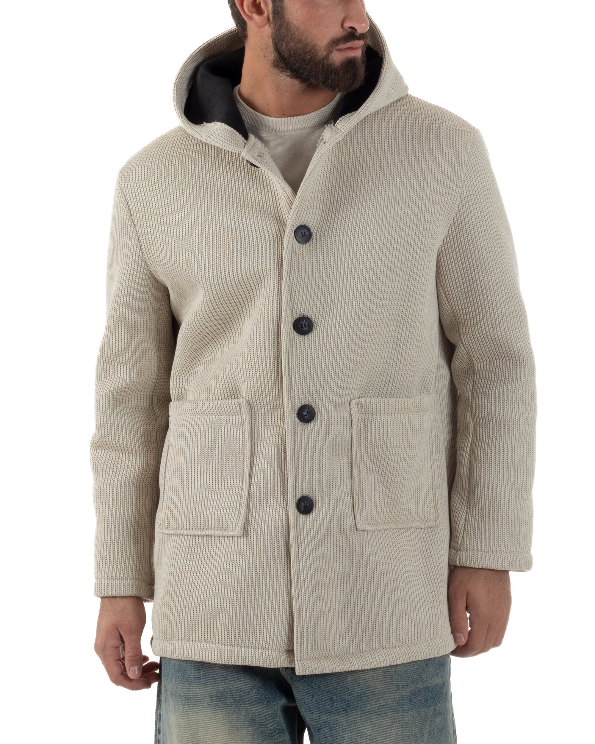 Cappotto Uomo Monopetto Cappuccio Maglia A Coste Beige CO1097A