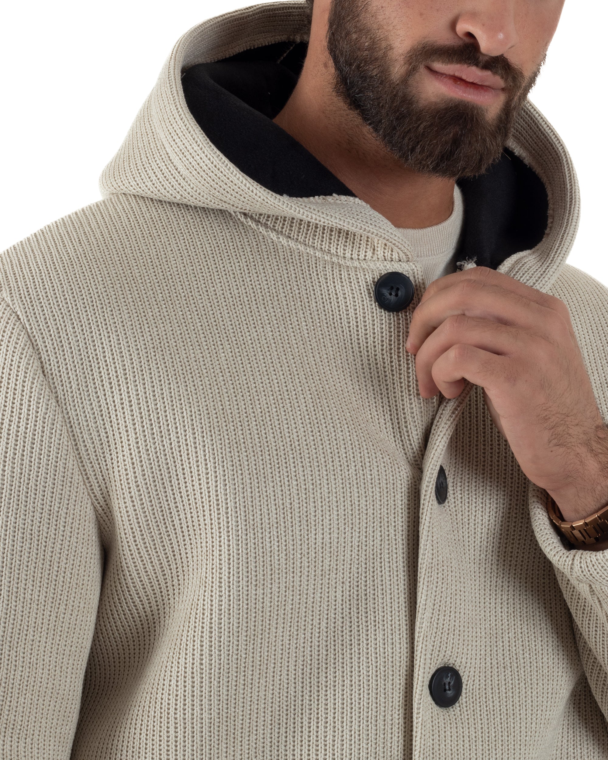 Cappotto Uomo Monopetto Cappuccio Maglia A Coste Beige CO1097A