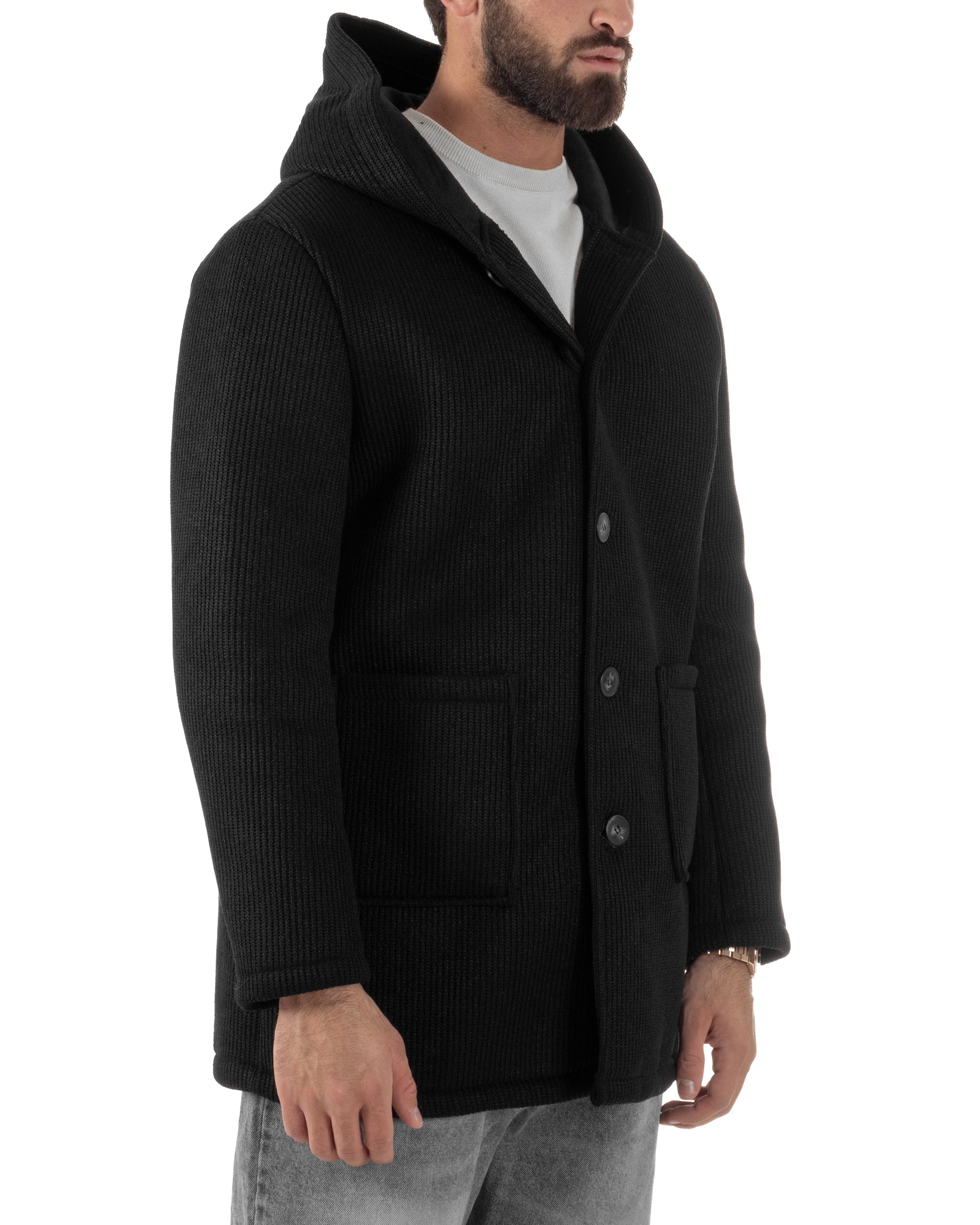 Cappotto Uomo Monopetto Cappuccio Maglia A Coste Nero CO1098A