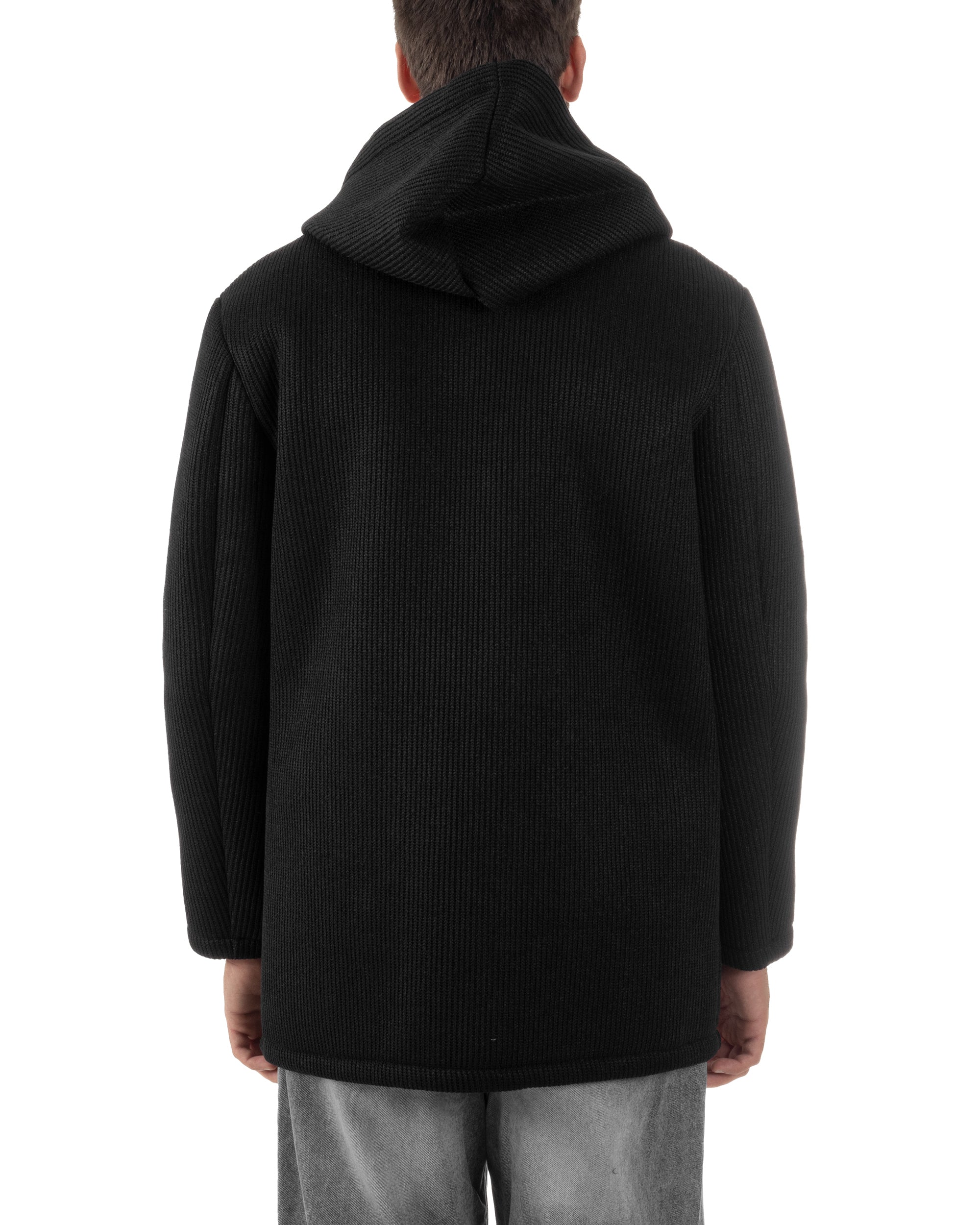 Cappotto Uomo Monopetto Cappuccio Maglia A Coste Nero CO1098A
