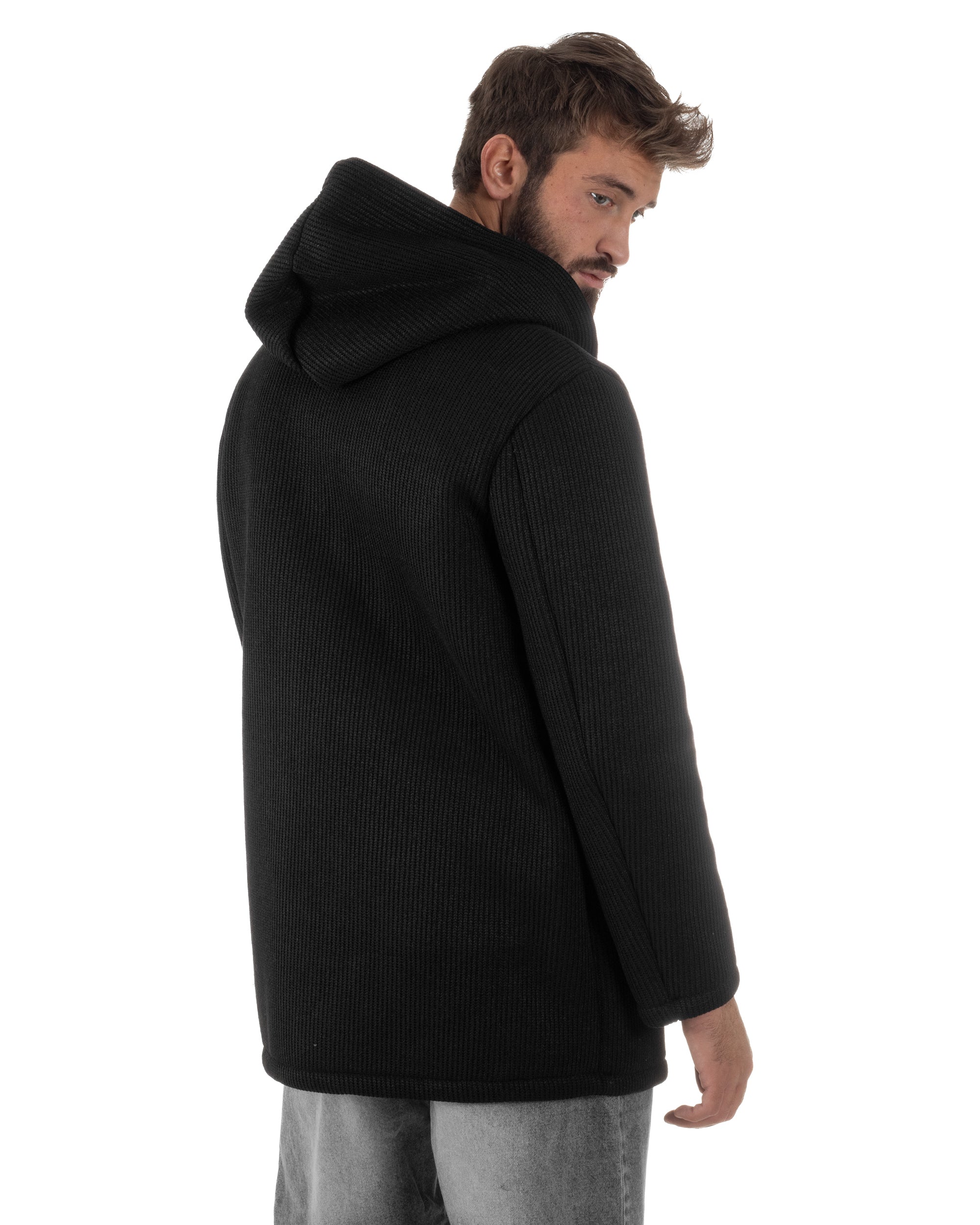 Cappotto Uomo Monopetto Cappuccio Maglia A Coste Nero CO1098A