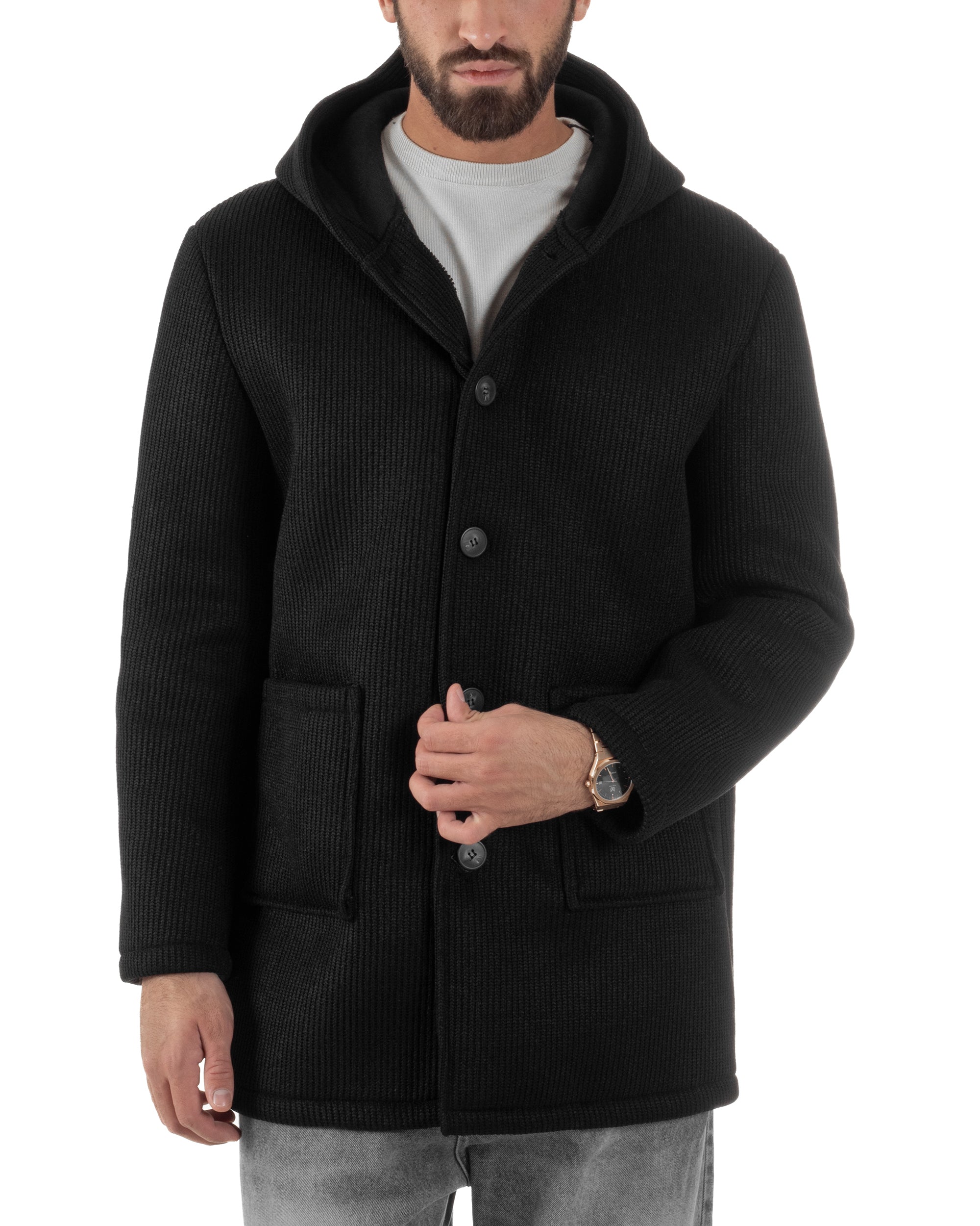 Cappotto Uomo Monopetto Cappuccio Maglia A Coste Nero CO1098A
