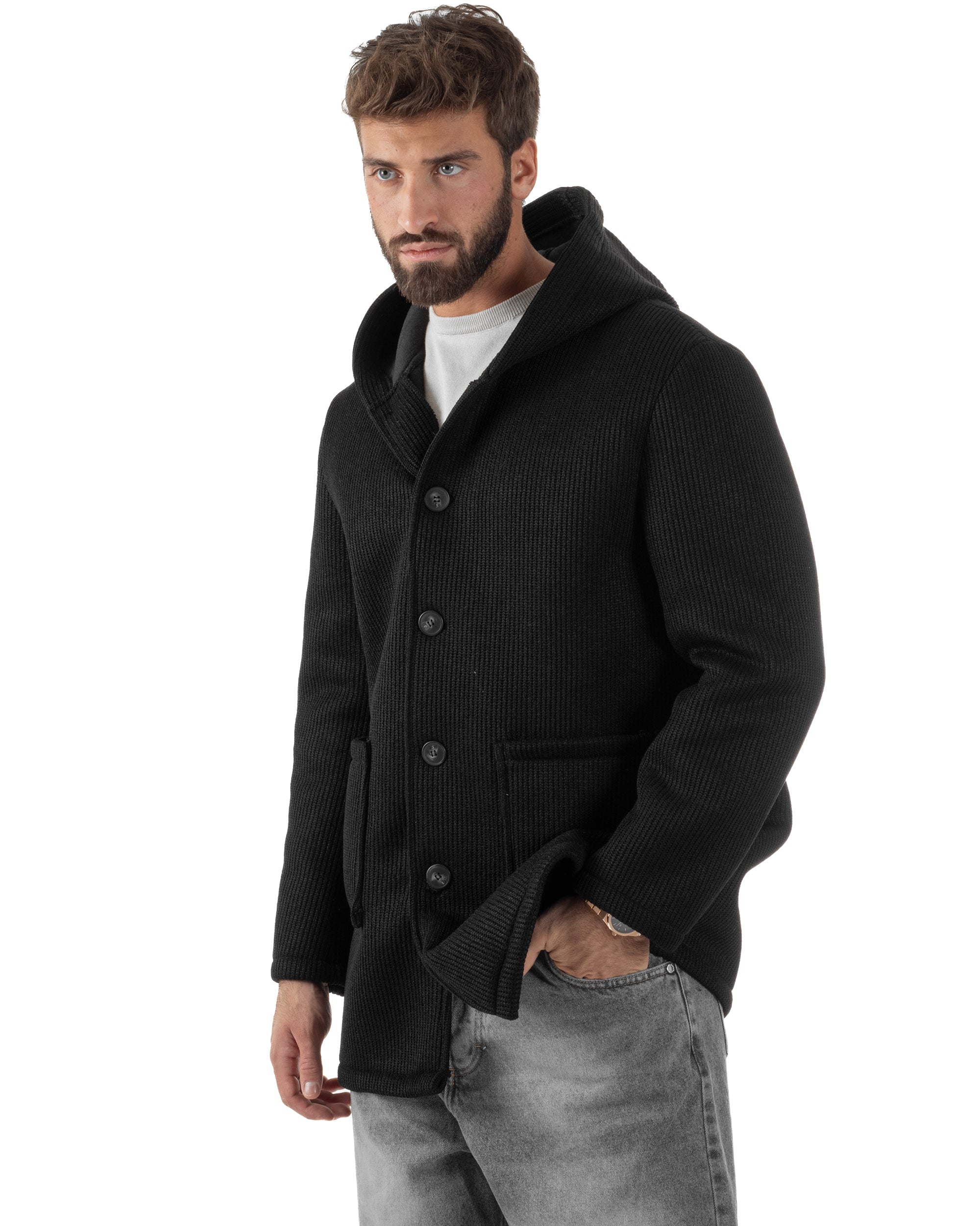 Cappotto Uomo Monopetto Cappuccio Maglia A Coste Nero CO1098A