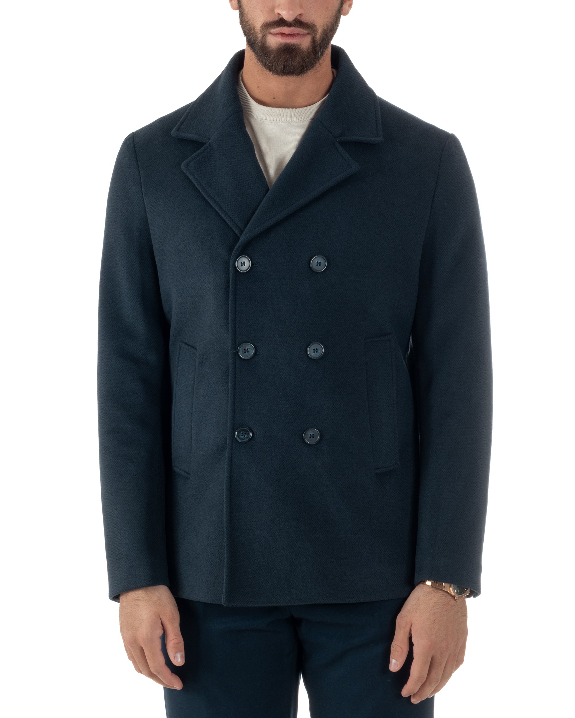 Cappotto Uomo Corto Doppiopetto Martingala Giaccone In Panno Blu CO1099A
