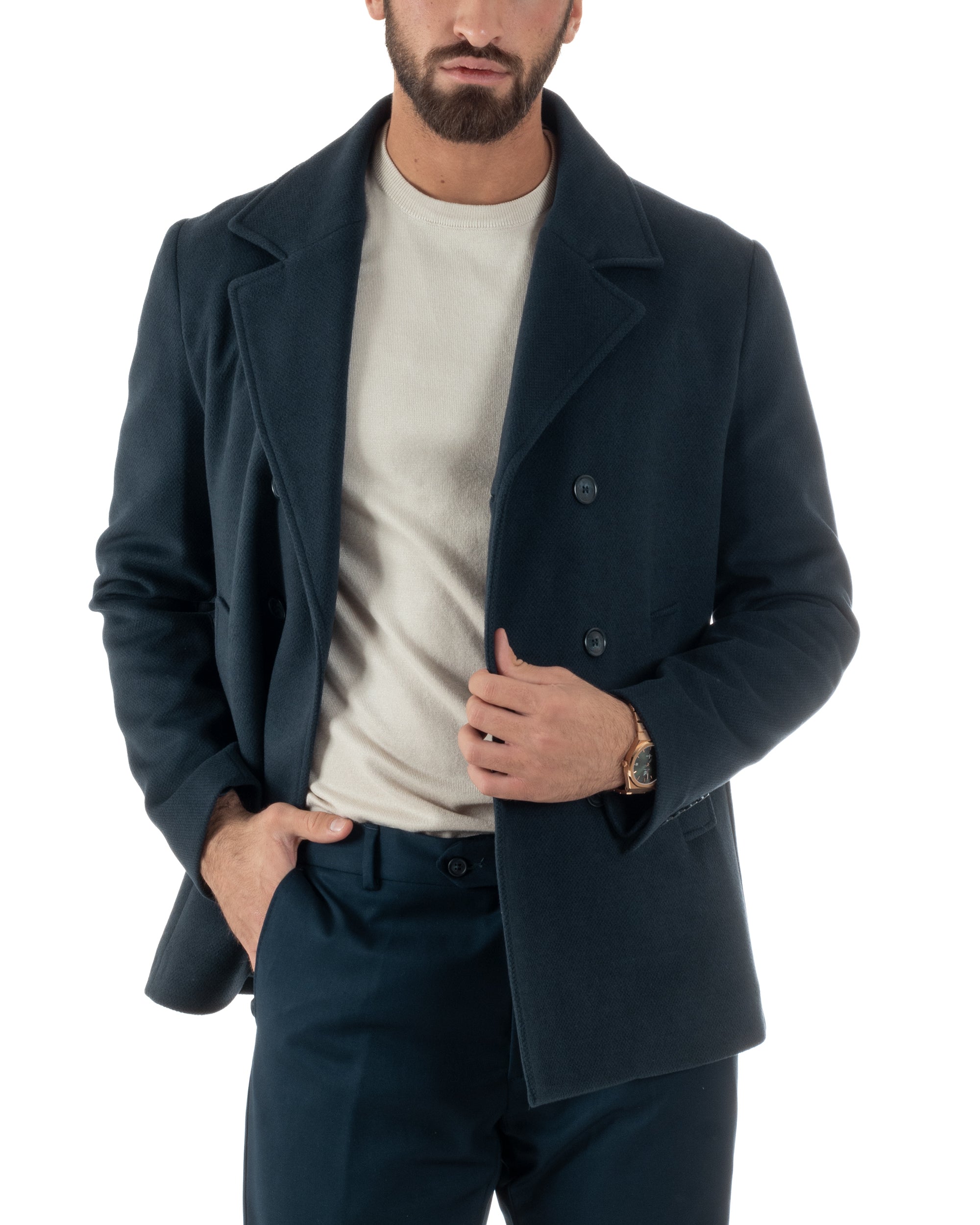Cappotto Uomo Corto Doppiopetto Martingala Giaccone In Panno Blu CO1099A