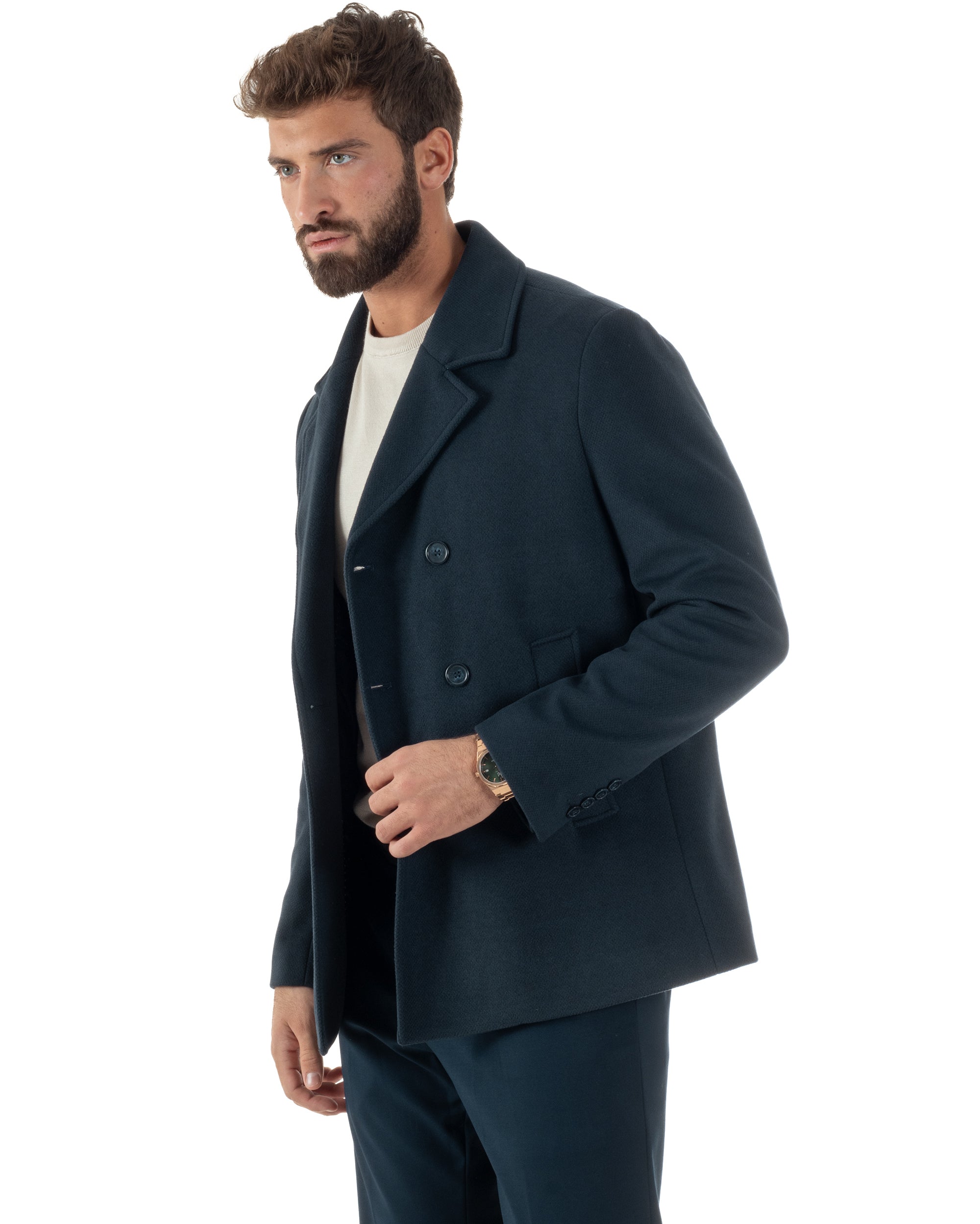 Cappotto Uomo Corto Doppiopetto Martingala Giaccone In Panno Blu CO1099A
