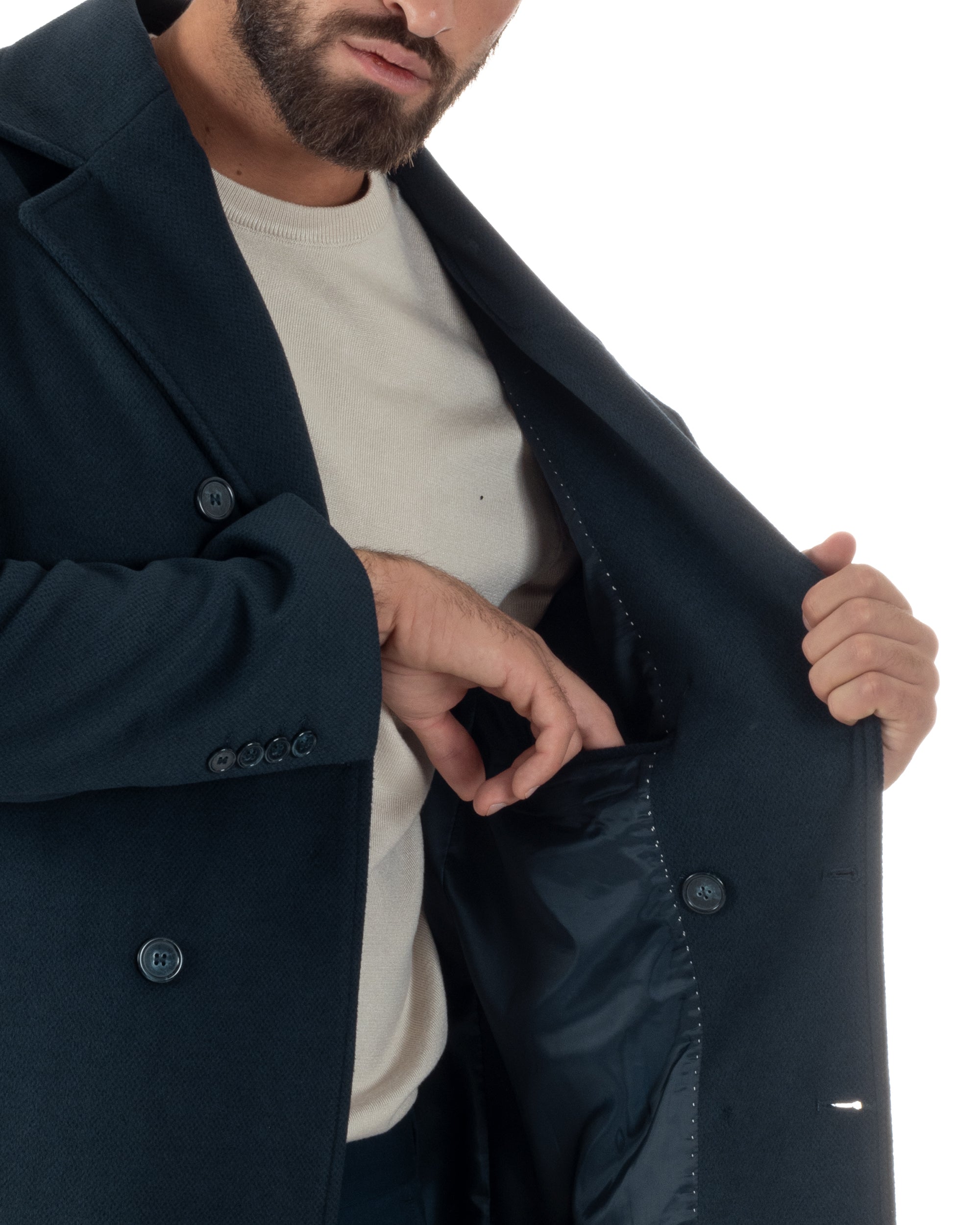 Cappotto Uomo Corto Doppiopetto Martingala Giaccone In Panno Blu CO1099A