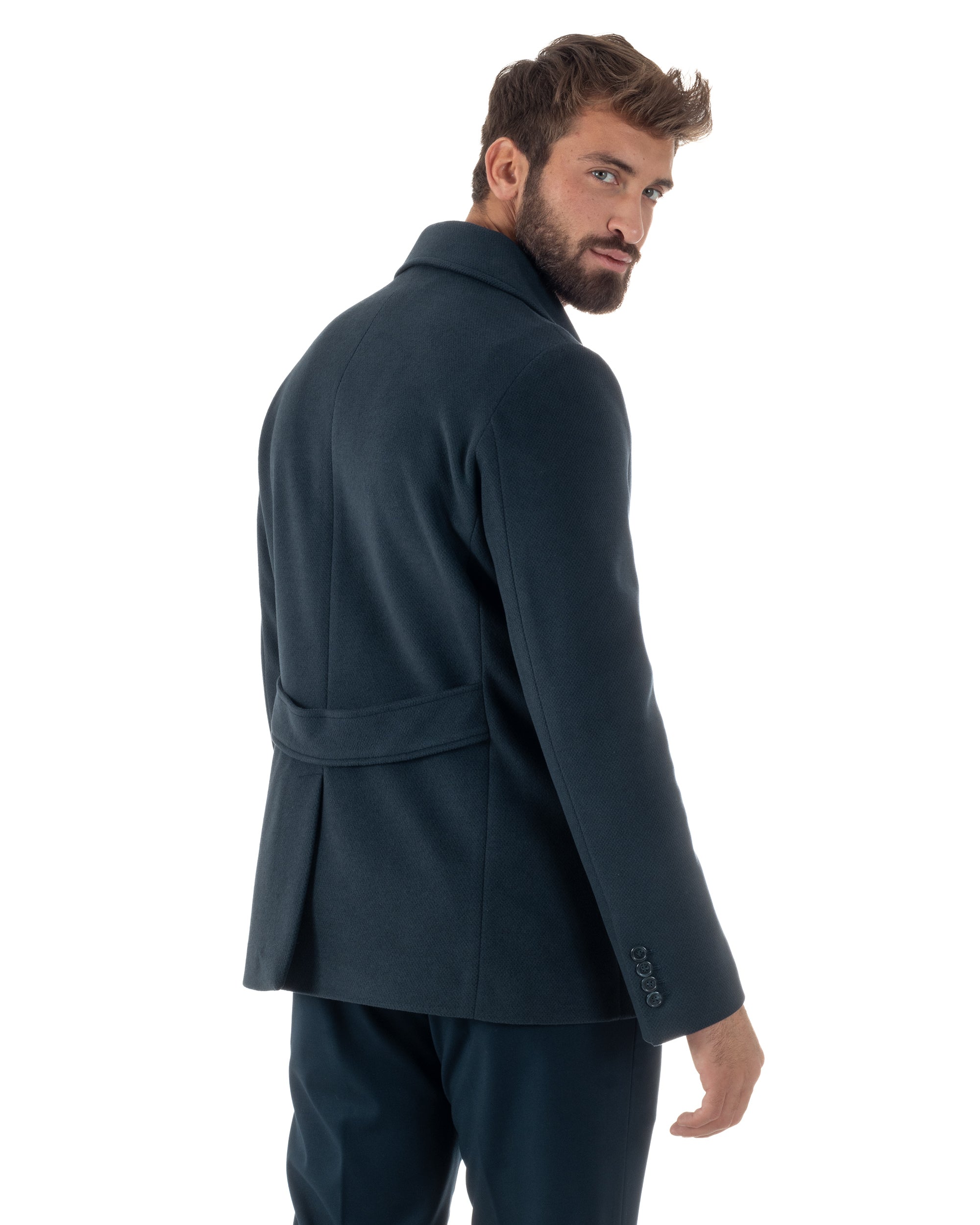 Cappotto Uomo Corto Doppiopetto Martingala Giaccone In Panno Blu CO1099A
