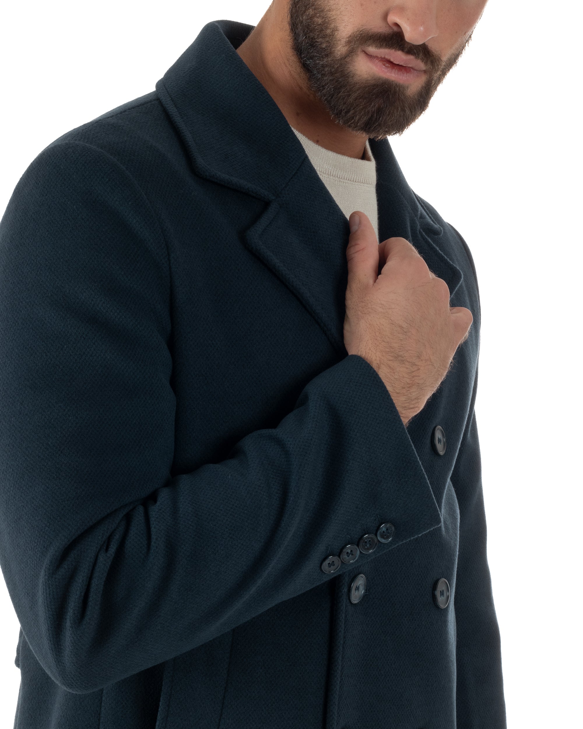 Cappotto Uomo Corto Doppiopetto Martingala Giaccone In Panno Blu CO1099A