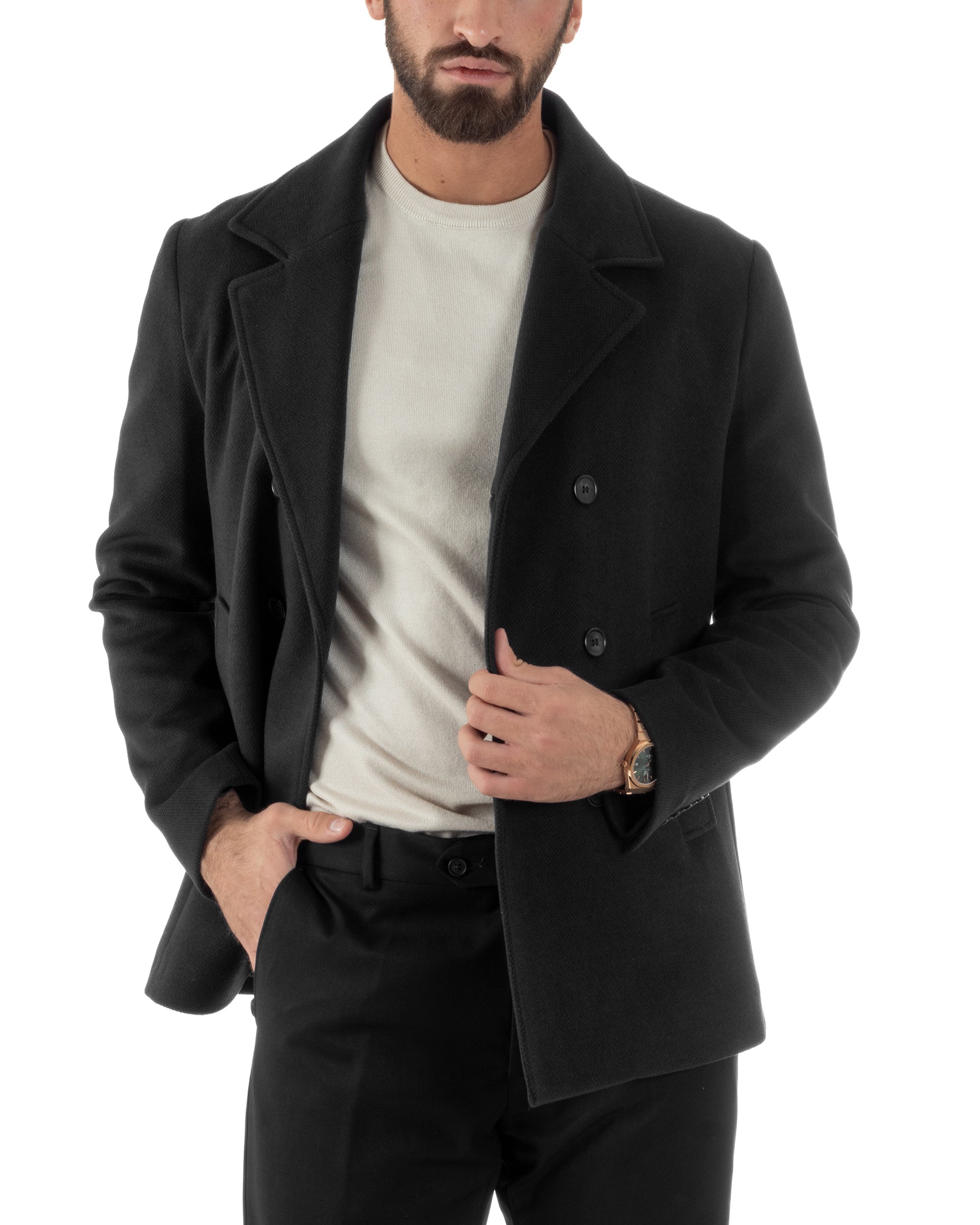 Cappotto Uomo Corto Doppiopetto Martingala Giaccone In Panno Nero CO1100A