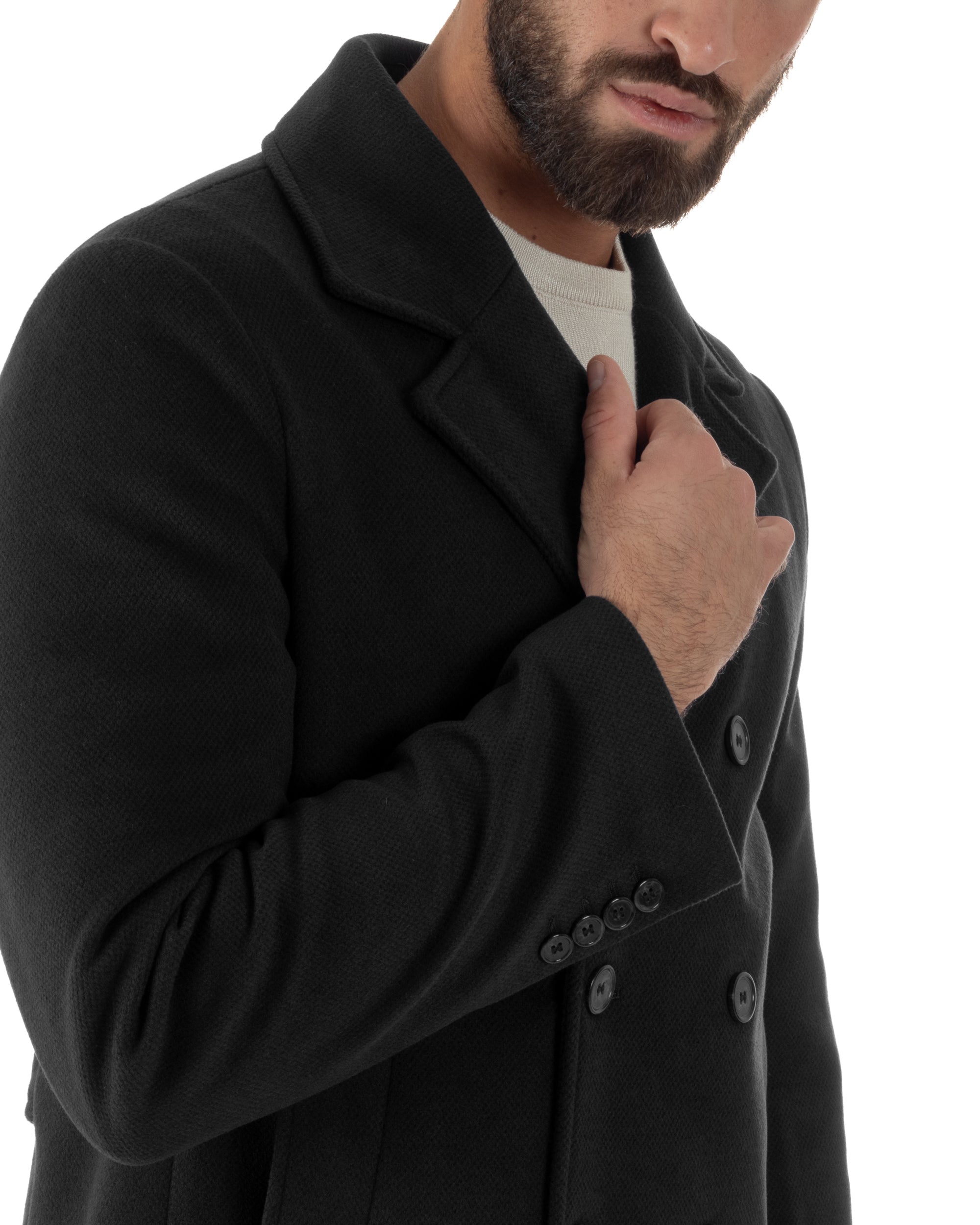 Cappotto Uomo Corto Doppiopetto Martingala Giaccone In Panno Nero CO1100A