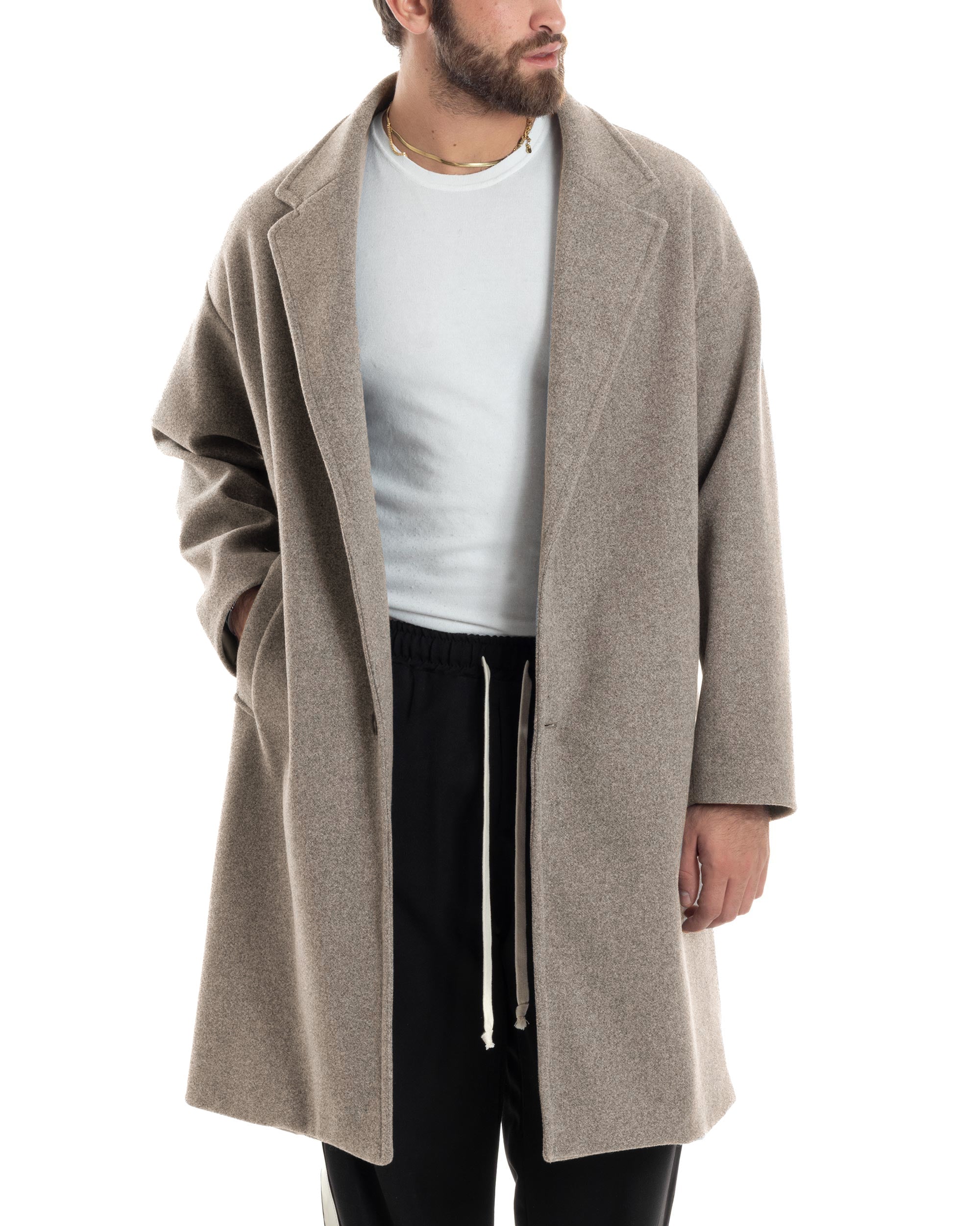 Cappotto Uomo Oversize Monopetto Maniche Raglan Collo Rever Beige CO1107A