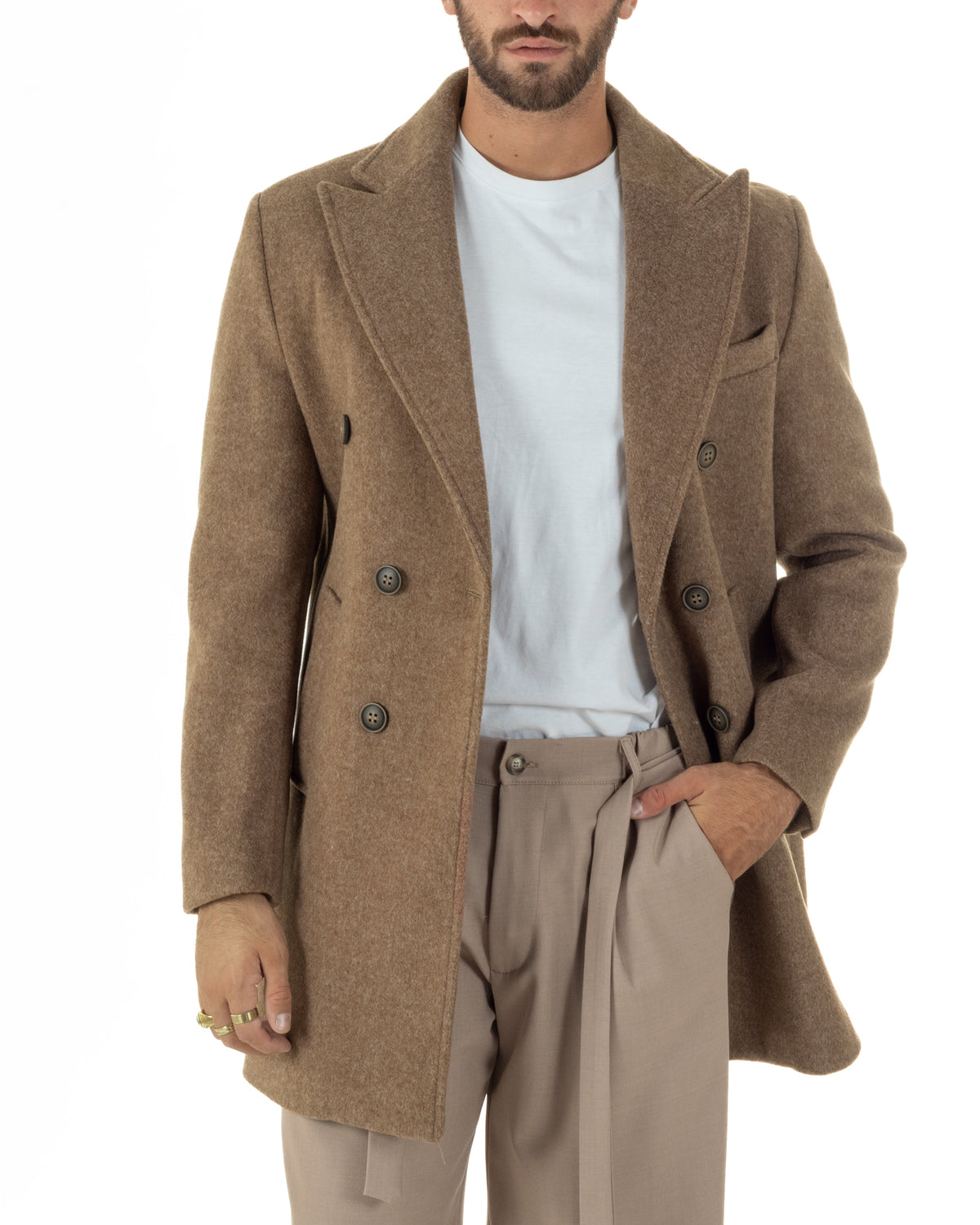 Cappotto uomo sartoriale doppiopetto con rever a lancia camel GIOSAL-CO1108A