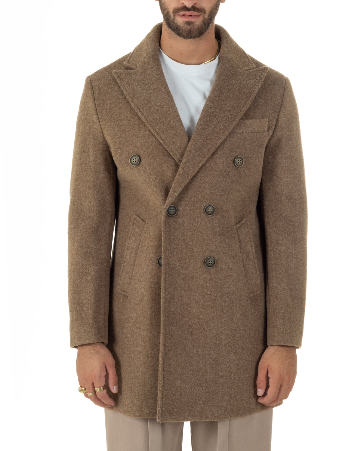 Cappotto uomo sartoriale doppiopetto con rever a lancia camel GIOSAL-CO1108A