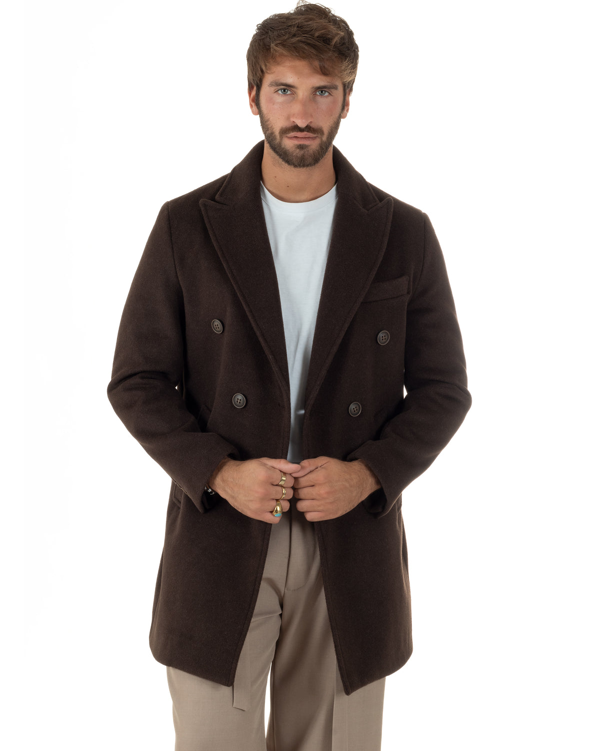Cappotto uomo sartoriale doppiopetto con rever a lancia marrone GIOSAL-CO1109A