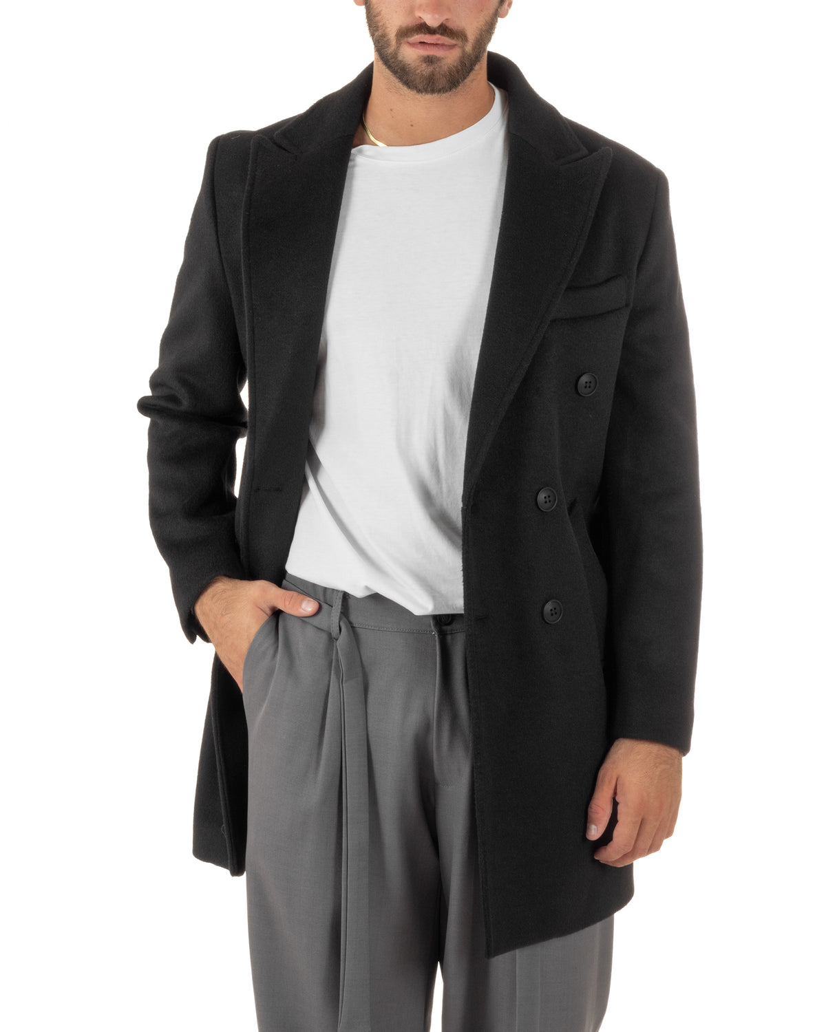 Cappotto uomo sartoriale doppiopetto con rever a lancia nero GIOSAL-CO1110A