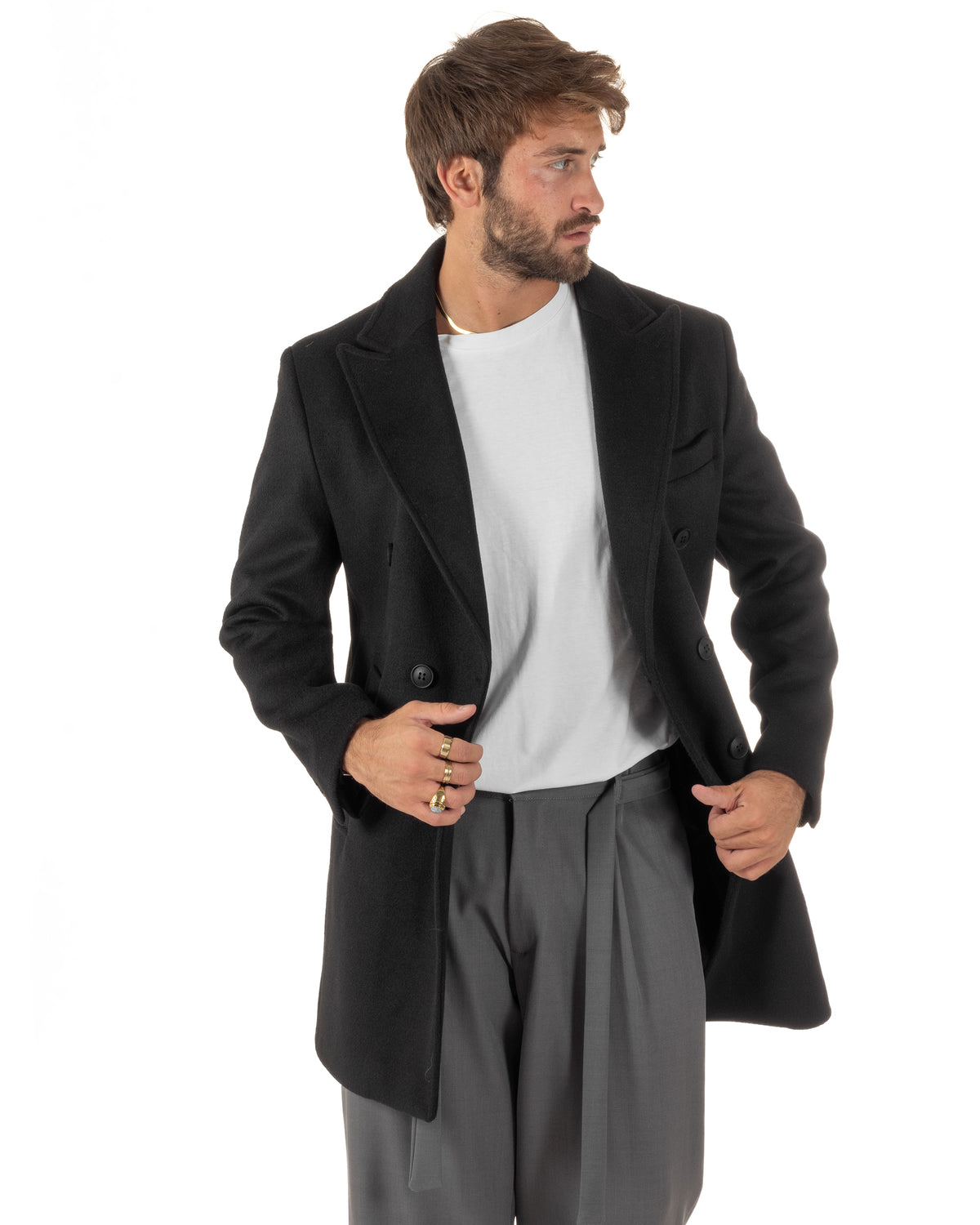 Cappotto uomo sartoriale doppiopetto con rever a lancia nero GIOSAL-CO1110A