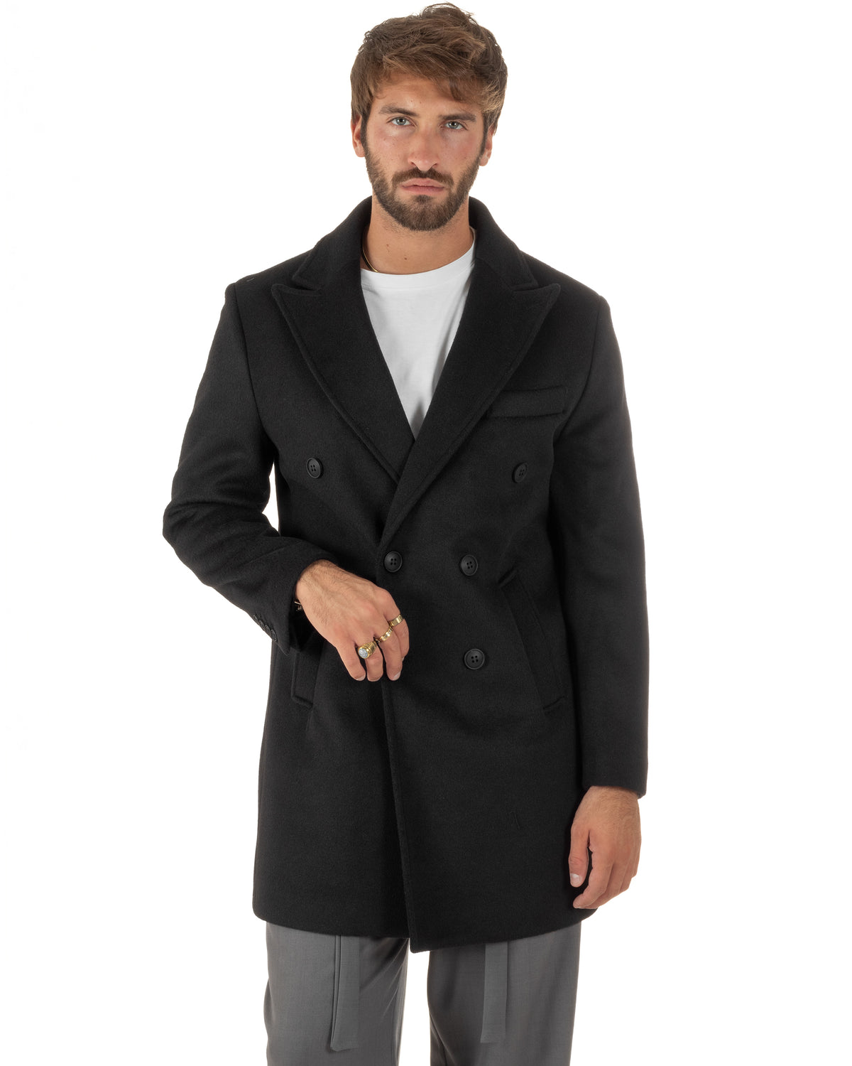 Cappotto uomo sartoriale doppiopetto con rever a lancia nero GIOSAL-CO1110A