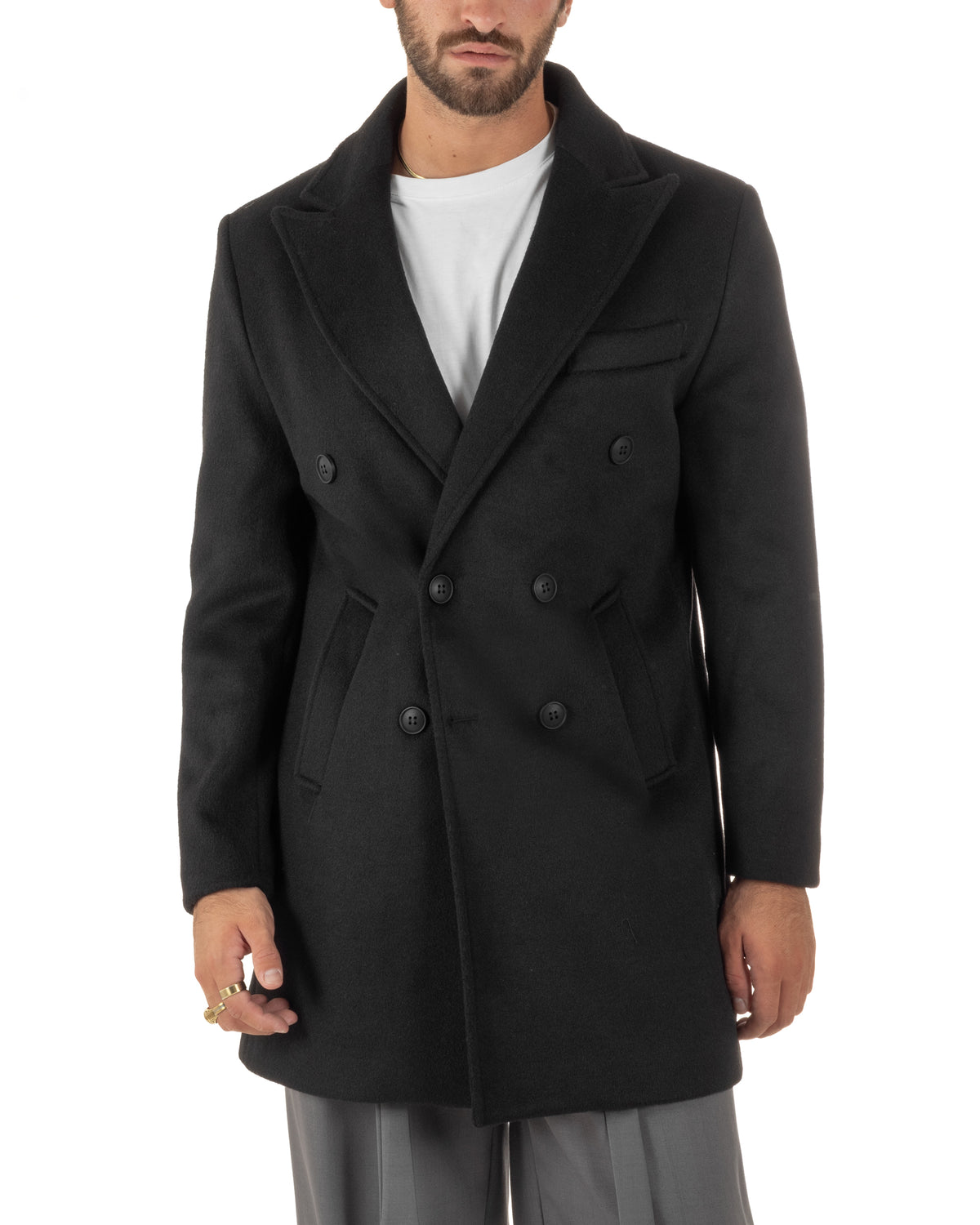 Cappotto uomo sartoriale doppiopetto con rever a lancia nero GIOSAL-CO1110A