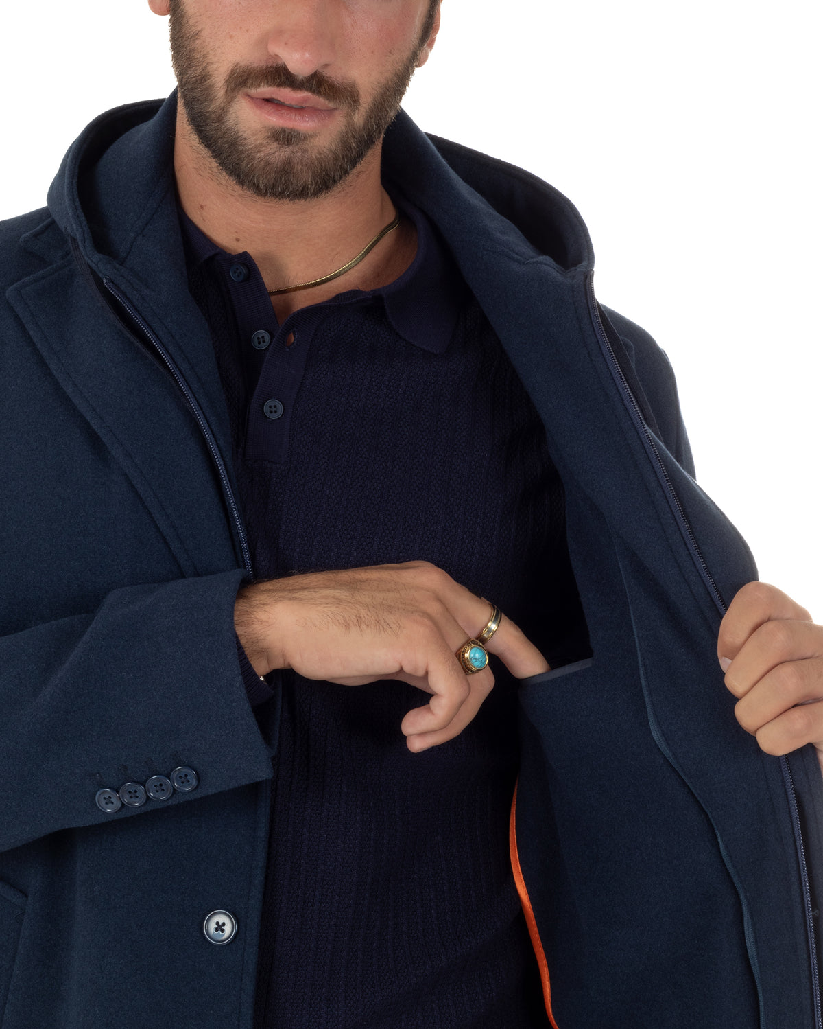 Cappotto uomo monopetto invernale cappuccio doppia chiusura blu GIOSAL-CO1112A