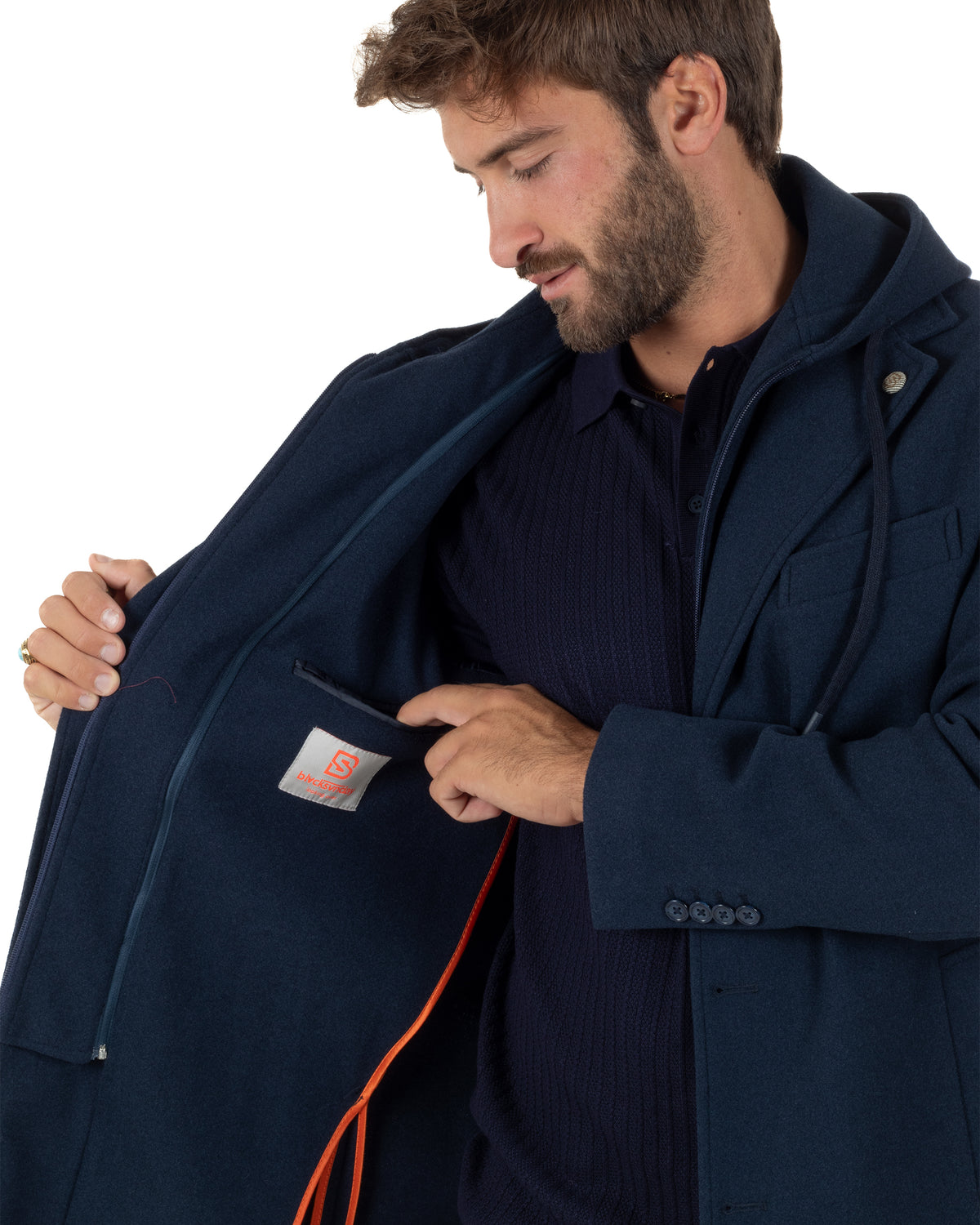 Cappotto uomo monopetto invernale cappuccio doppia chiusura blu GIOSAL-CO1112A