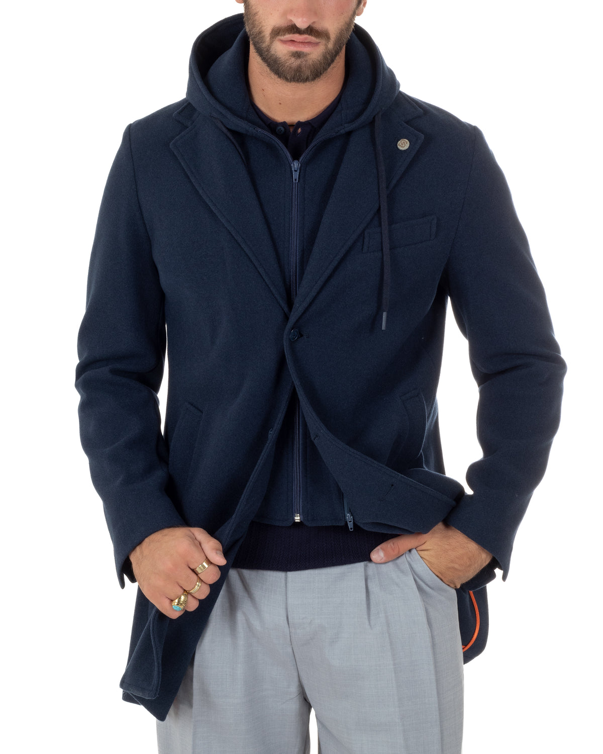 Cappotto uomo monopetto invernale cappuccio doppia chiusura blu GIOSAL-CO1112A