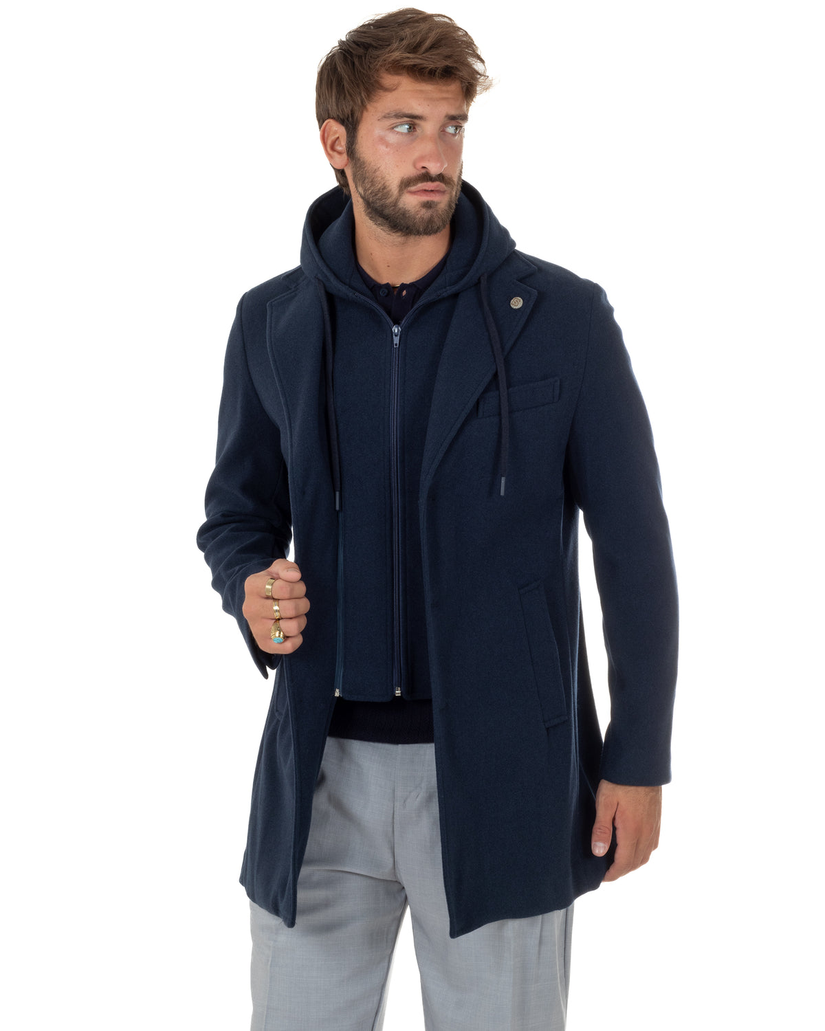 Cappotto uomo monopetto invernale cappuccio doppia chiusura blu GIOSAL-CO1112A