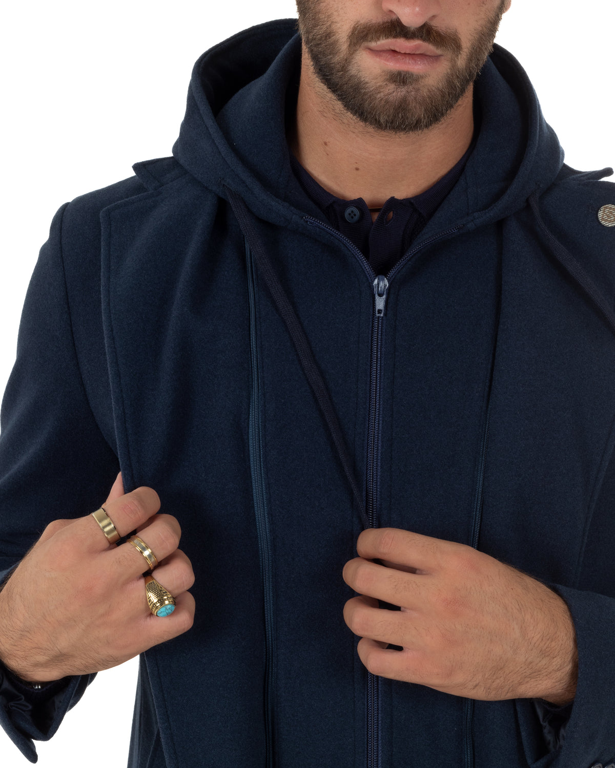 Cappotto uomo monopetto invernale cappuccio doppia chiusura blu GIOSAL-CO1112A