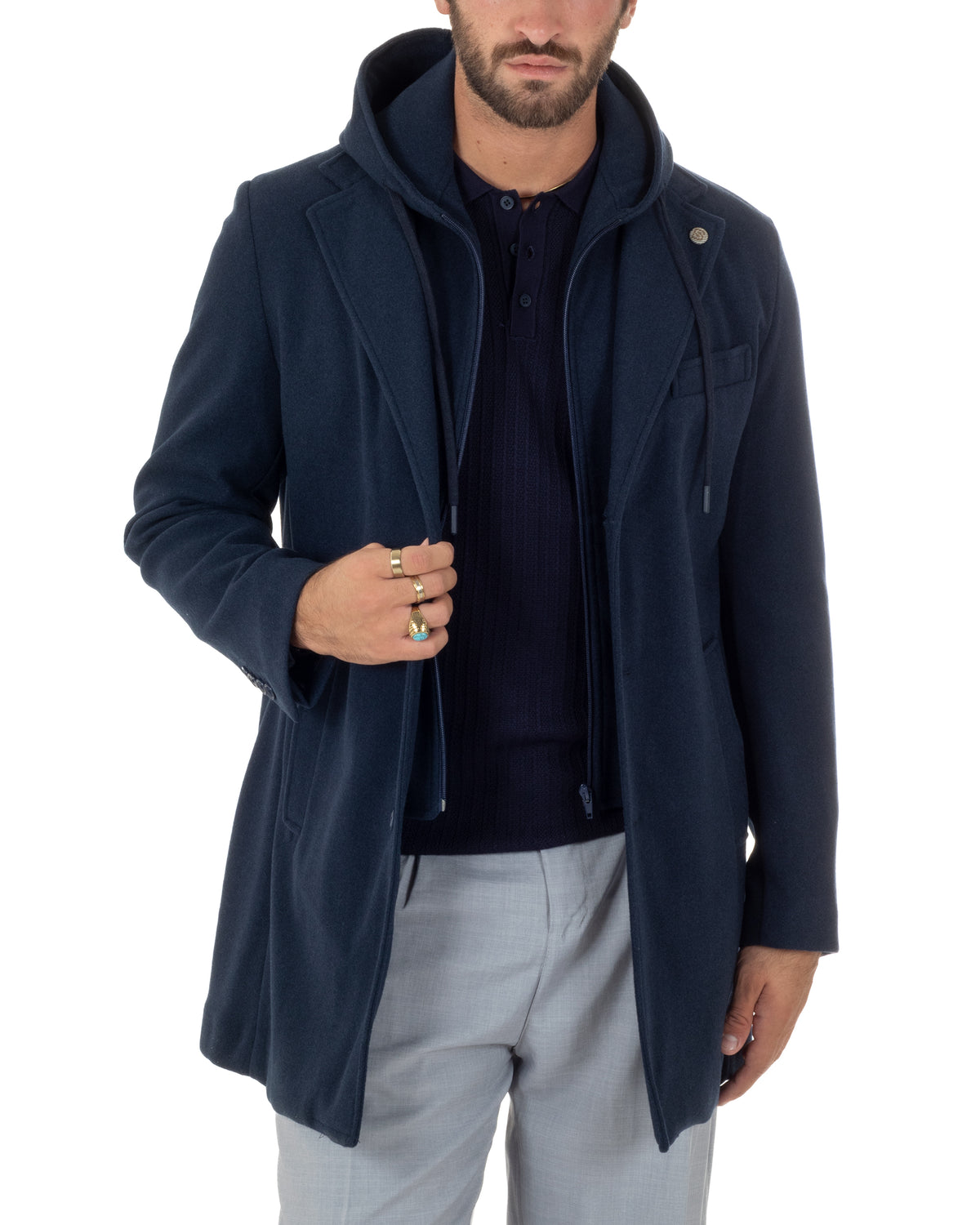 Cappotto uomo monopetto invernale cappuccio doppia chiusura blu GIOSAL-CO1112A