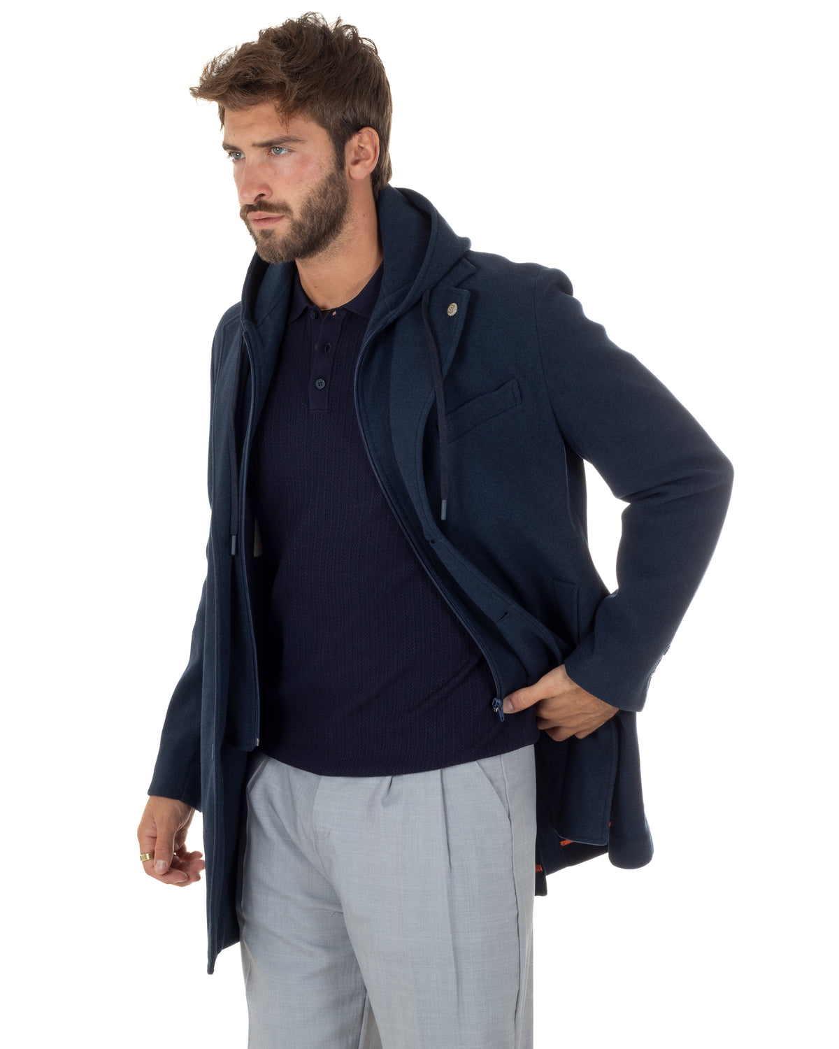 Cappotto uomo monopetto invernale cappuccio doppia chiusura blu GIOSAL-CO1112A