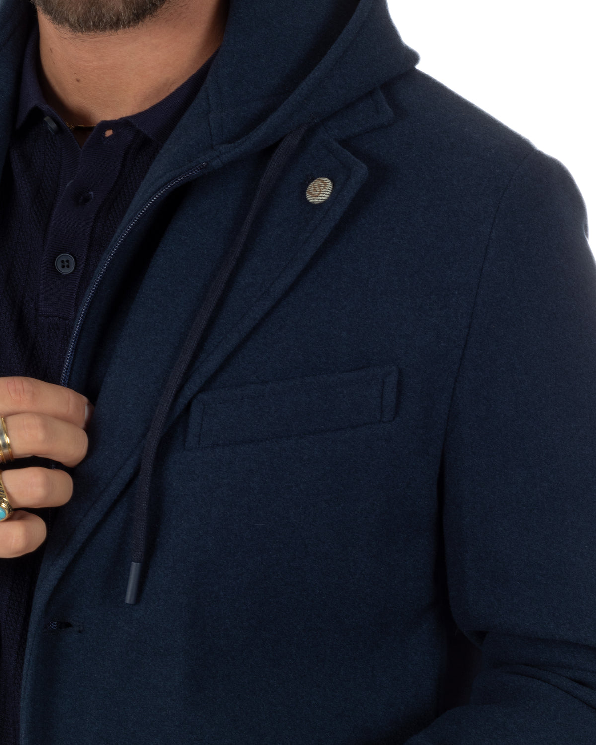 Cappotto uomo monopetto invernale cappuccio doppia chiusura blu GIOSAL-CO1112A