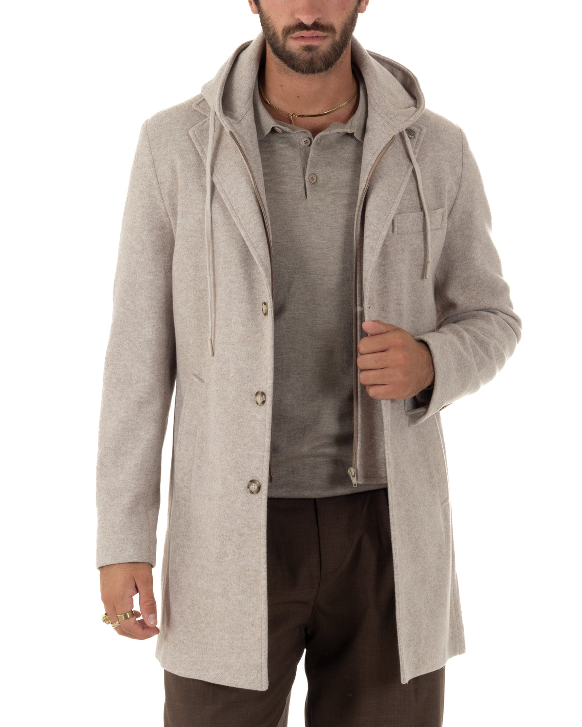 Cappotto uomo monopetto invernale cappuccio doppia chiusura beige GIOSAL-CO1113A