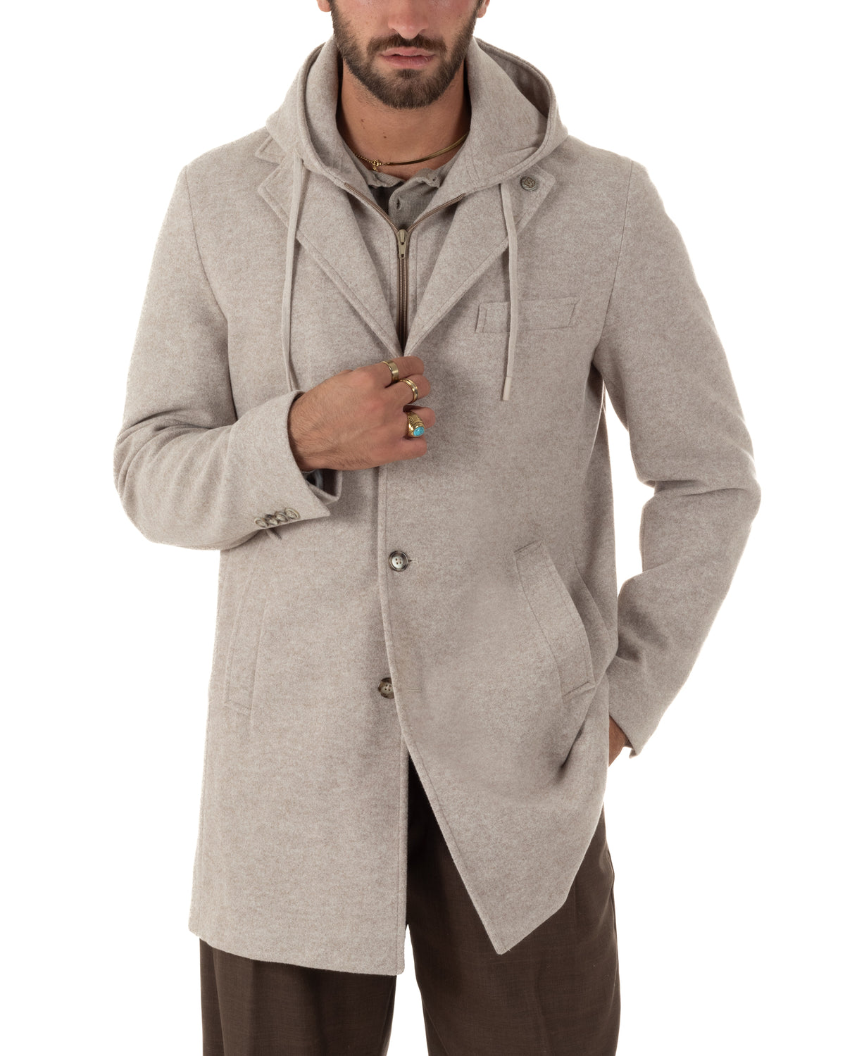 Cappotto uomo monopetto invernale cappuccio doppia chiusura beige GIOSAL-CO1113A