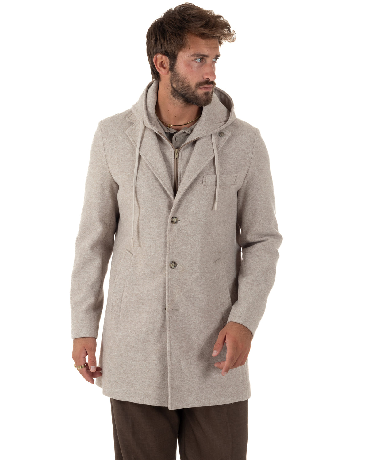 Cappotto uomo monopetto invernale cappuccio doppia chiusura beige GIOSAL-CO1113A