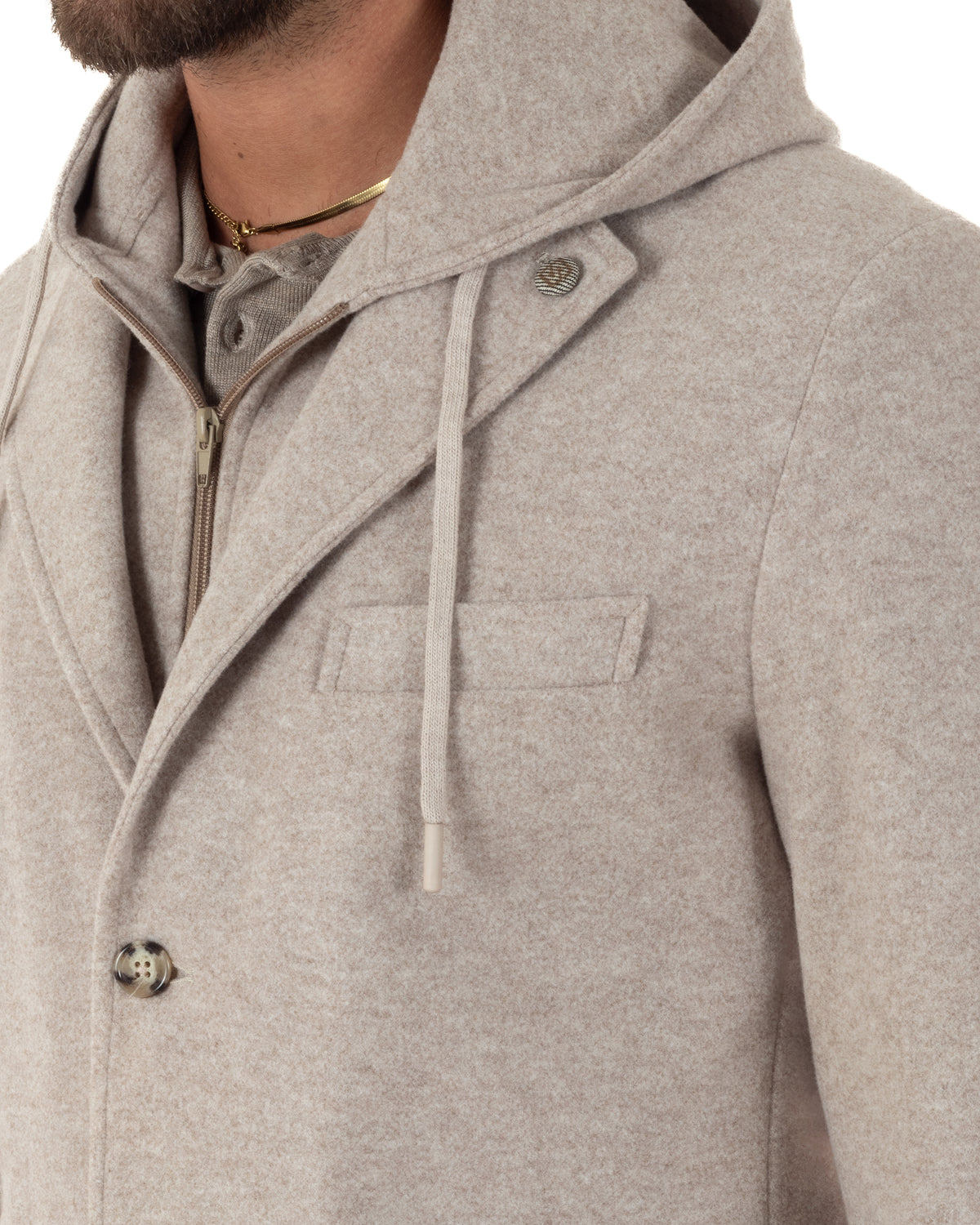 Cappotto uomo monopetto invernale cappuccio doppia chiusura beige GIOSAL-CO1113A