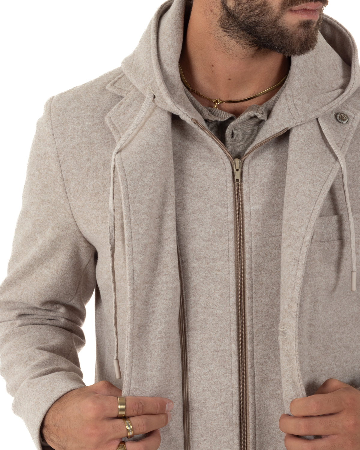 Cappotto uomo monopetto invernale cappuccio doppia chiusura beige GIOSAL-CO1113A
