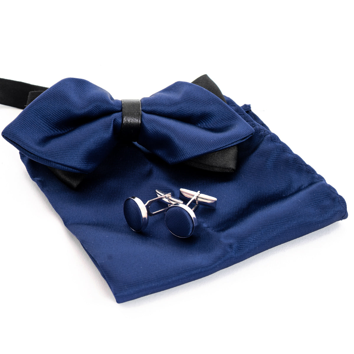 SET COORDINATO UOMO PAPILLON CON GEMELLI E POCHETTE BLU RASO - 3