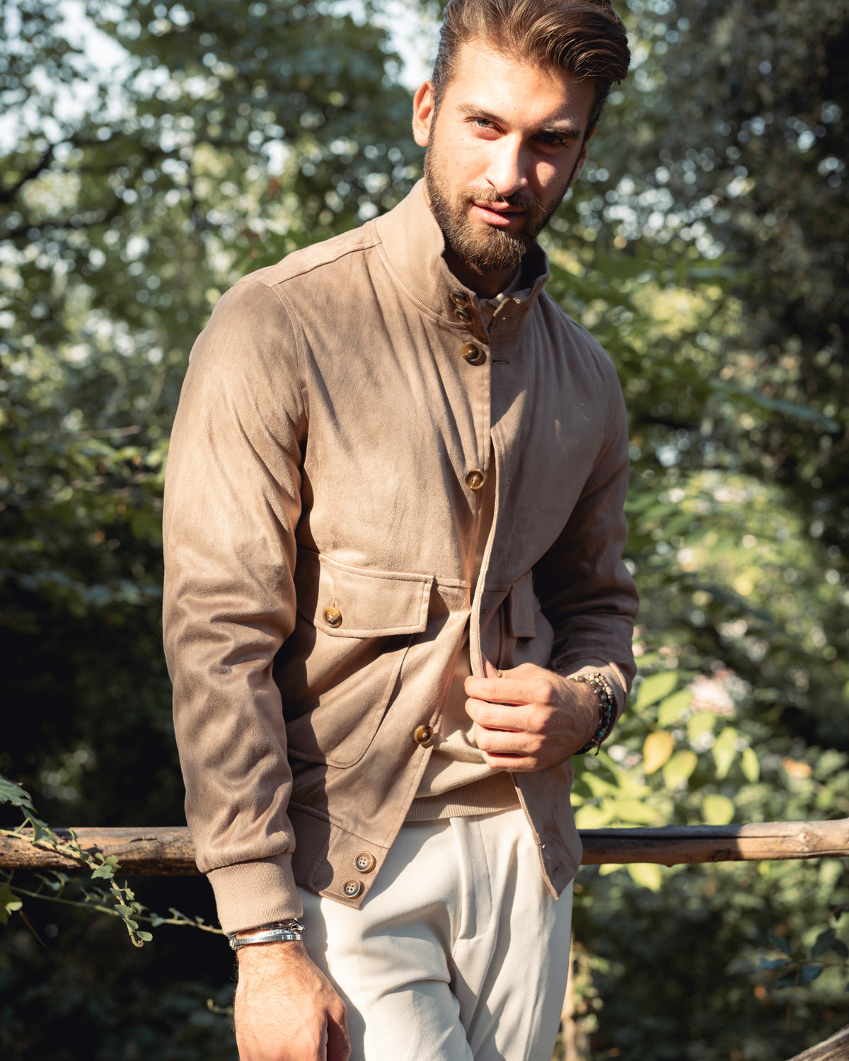 Men's Jacket College Suede Jacket With Buttons Flap Pockets Beige Casual GIOSAL-G3088A