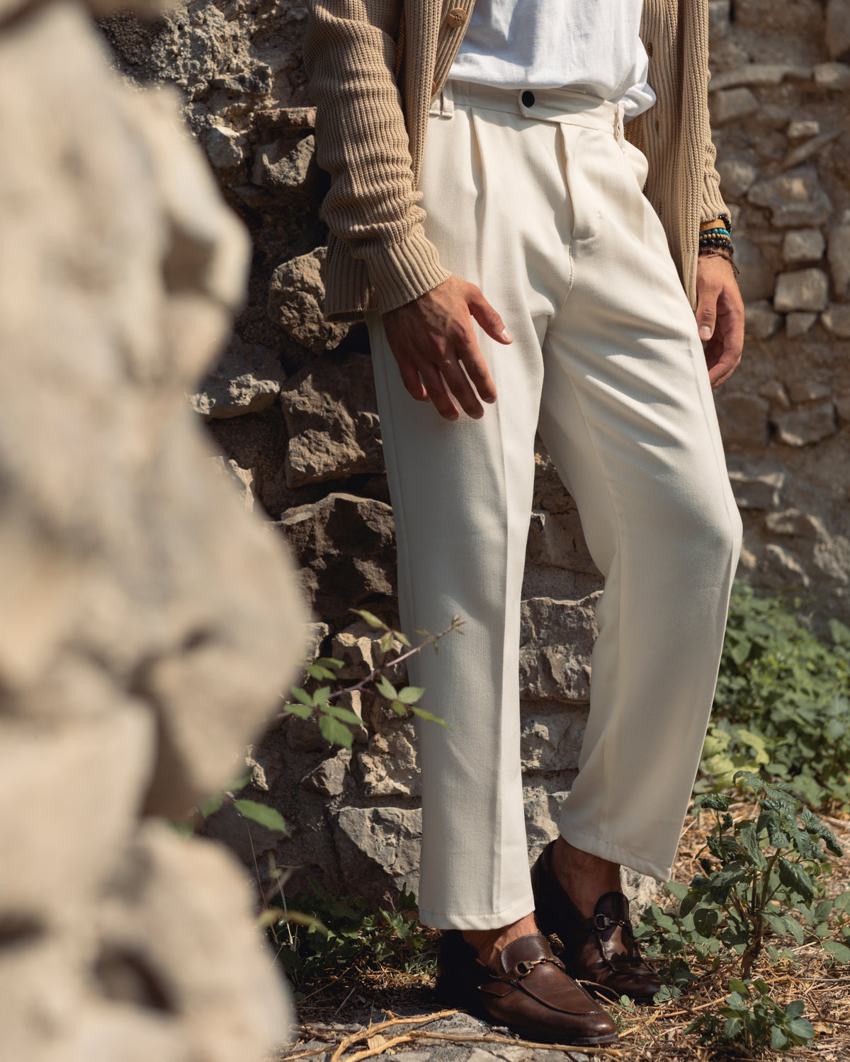Men's Baggy Wide-Bottom Viscose Trousers Cream P5915A