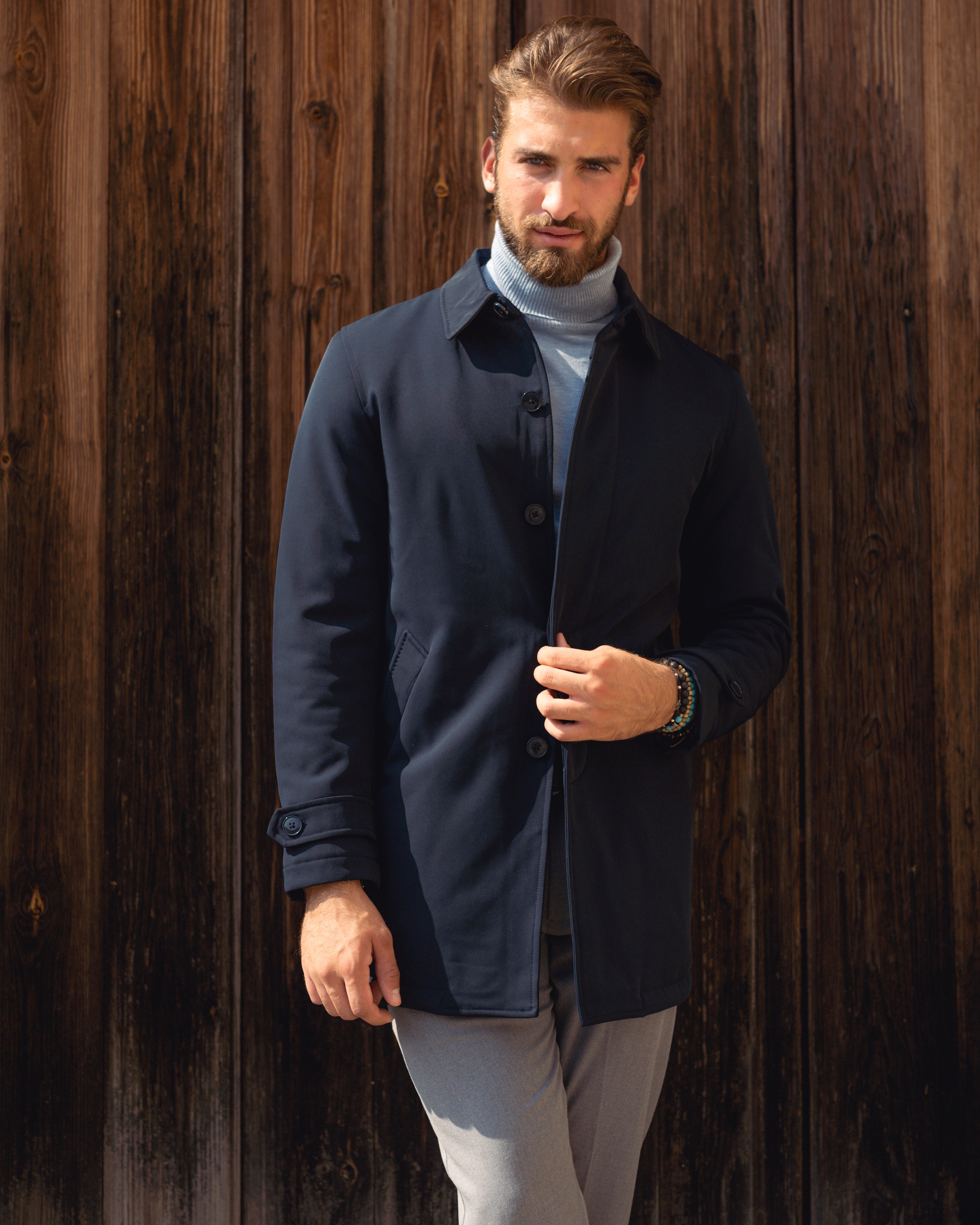 Men's Waterproof Trench Coat in Technical Fabric with Padded Lining, Blue G3090A