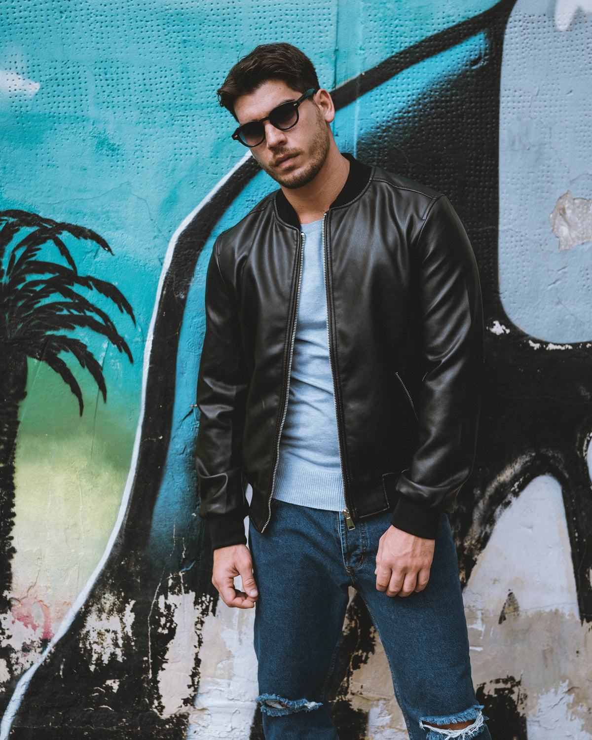 GIOSAL-G2859A Men's Basic Black Faux Leather Biker College Jacket