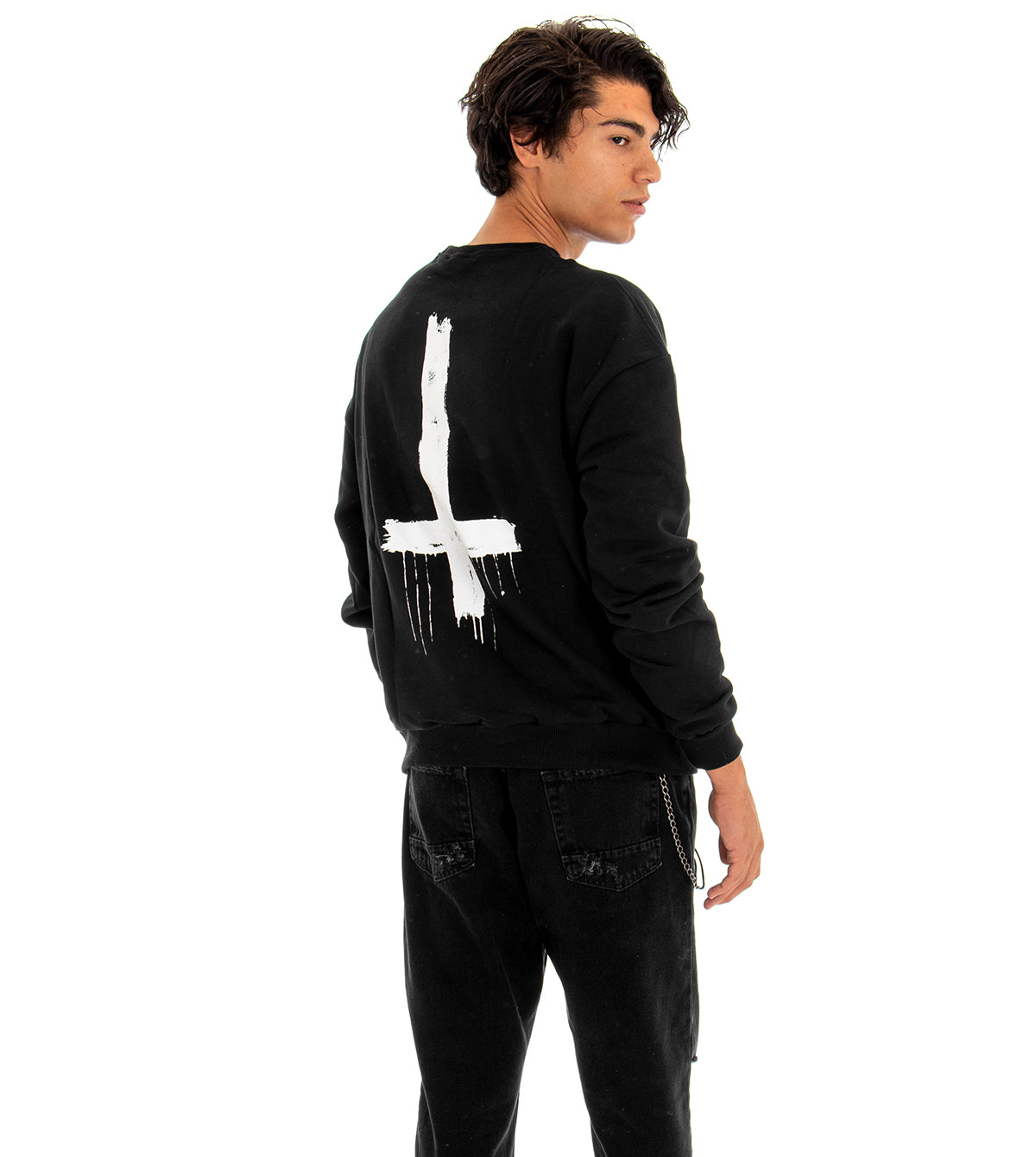 Men's Crewneck Sweatshirt Black Regular Fit Cross Print GIOSAL-F2567A