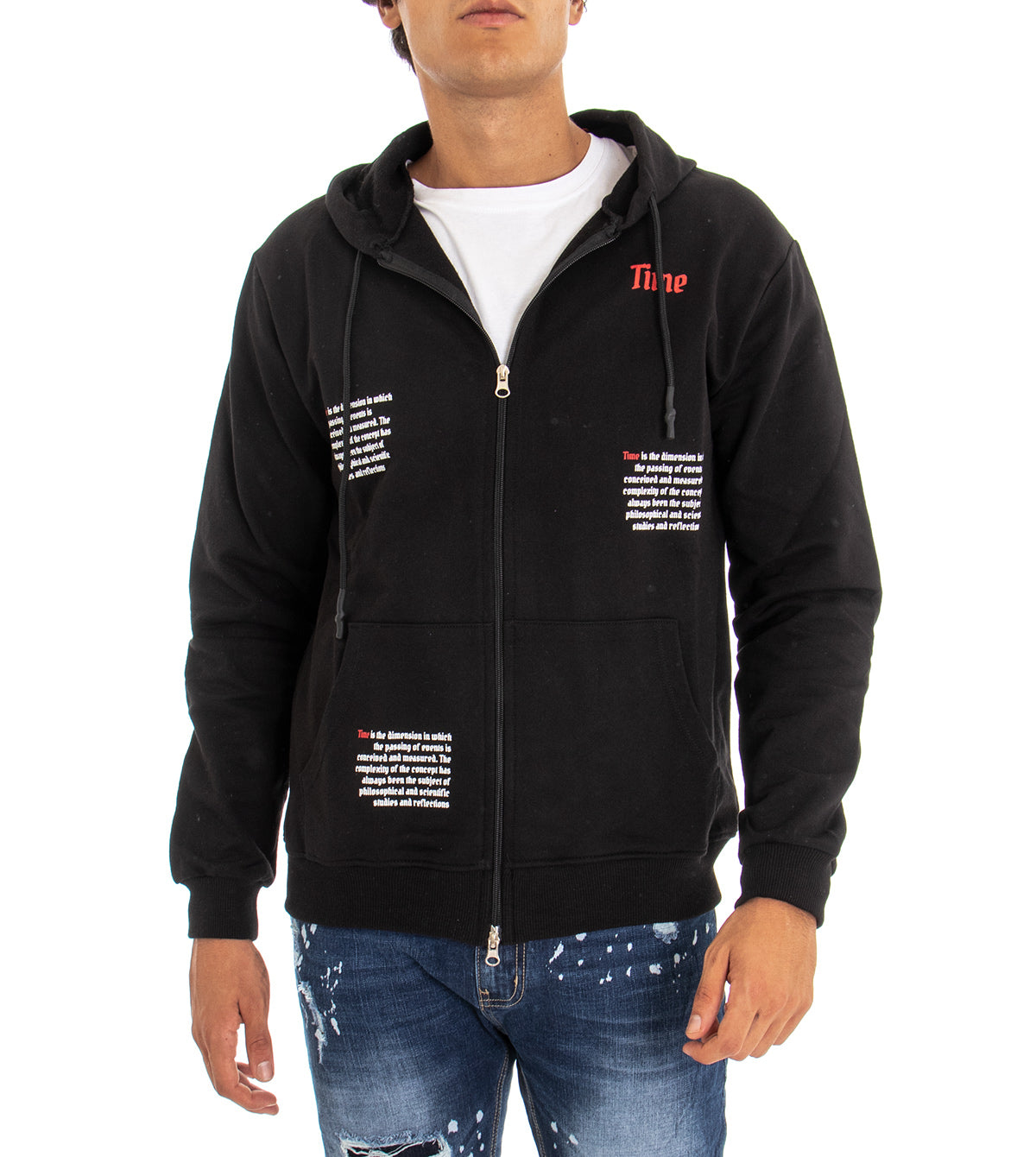 Felpa Uomo Con Cappuccio Maglia Con Zip  Regular Fit Stampa Lettering Tinta Unita Nero GIOSAL-F2645A