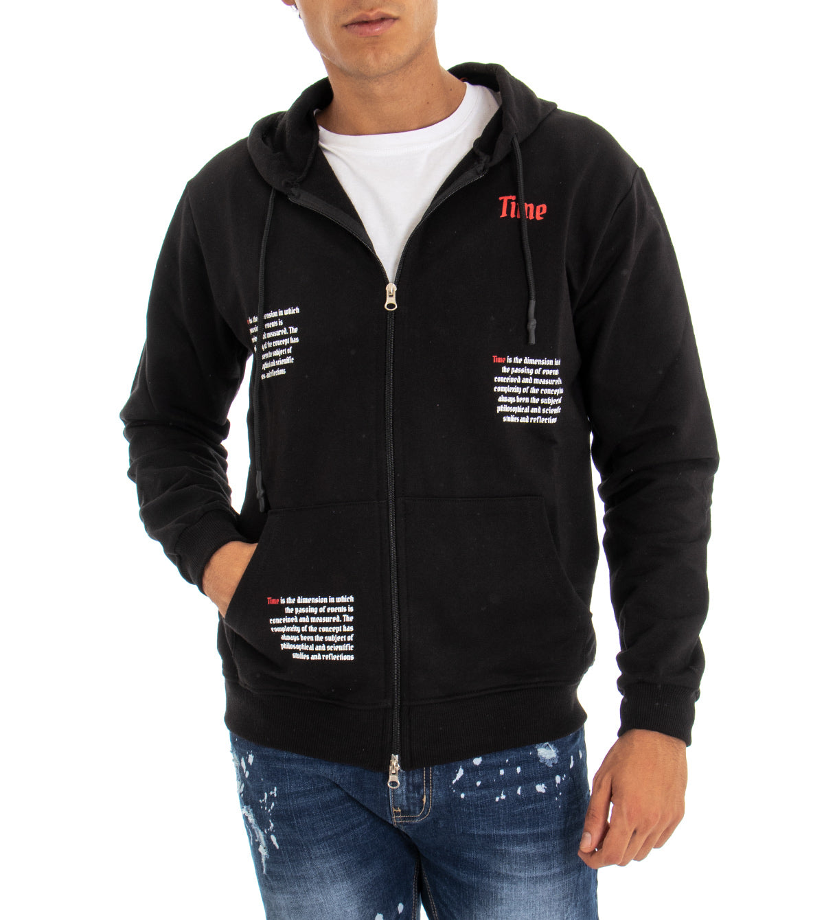 Felpa Uomo Con Cappuccio Maglia Con Zip  Regular Fit Stampa Lettering Tinta Unita Nero GIOSAL-F2645A