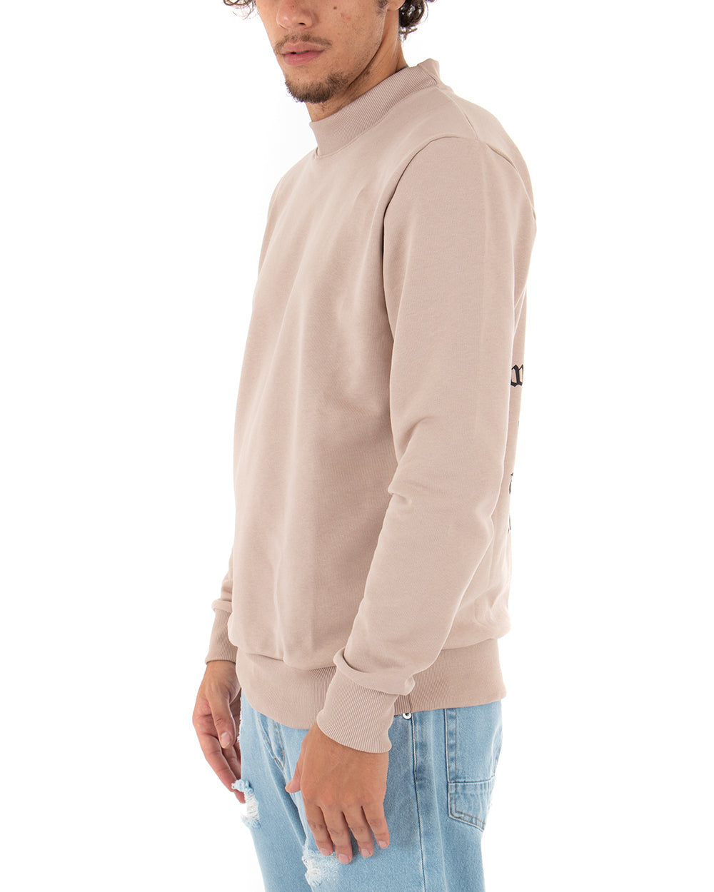 Men's Crew Neck Sweatshirt With Beige Print Regular Fit GIOSAL-F2819A