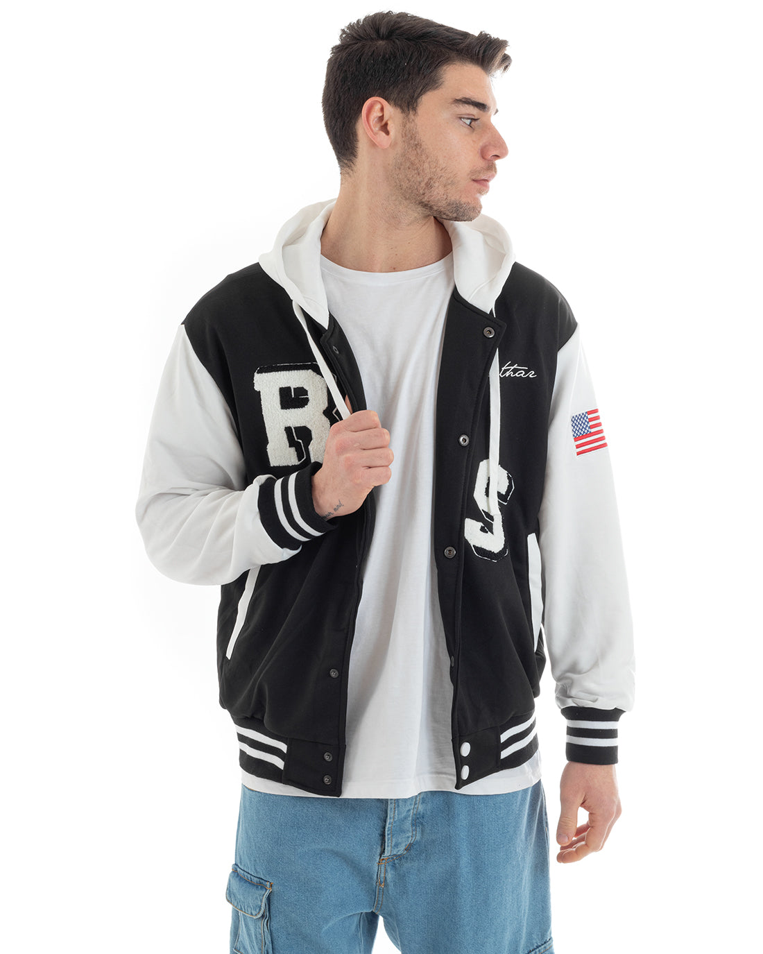 Men's Sweatshirt Varsity College Jacket Two-Tone Print Hooded Black White GIOSAL-F2968A