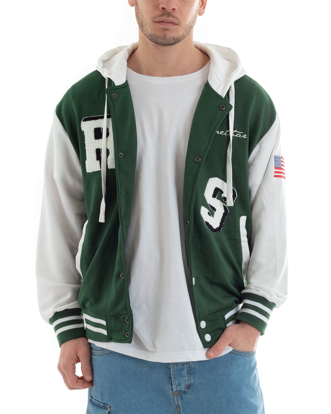 Men's Sweatshirt Varsity College Jacket Two-Tone Print Hooded Green White GIOSAL-F2969A