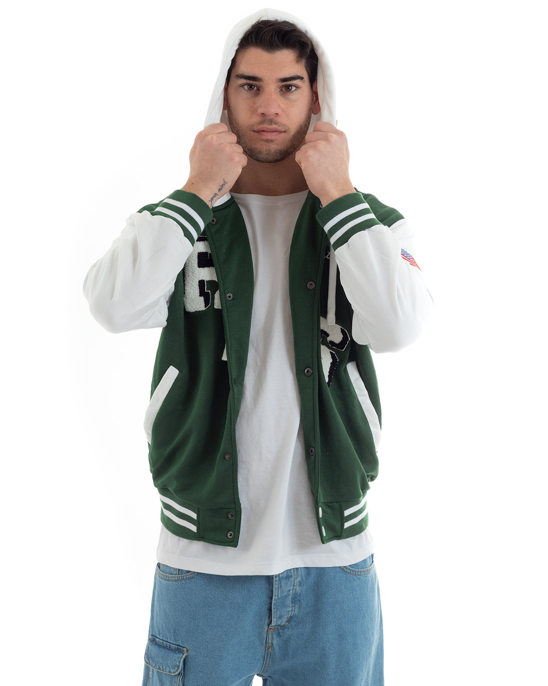 Men's Sweatshirt Varsity College Jacket Two-Tone Print Hooded Green White GIOSAL-F2969A
